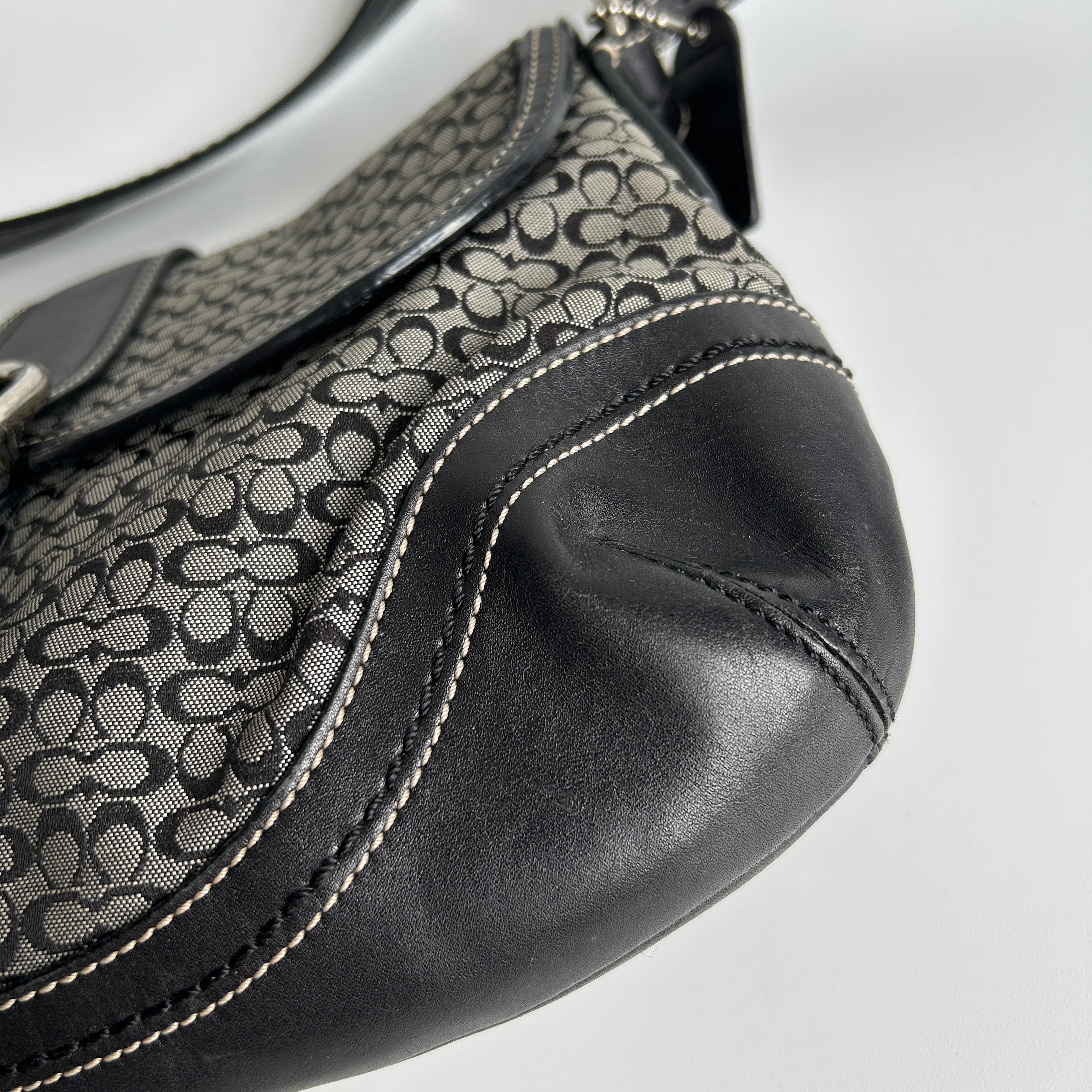 Coach Soho Flap Black Grey Signature Canvas Leather Shoulder Bag F10926 Good