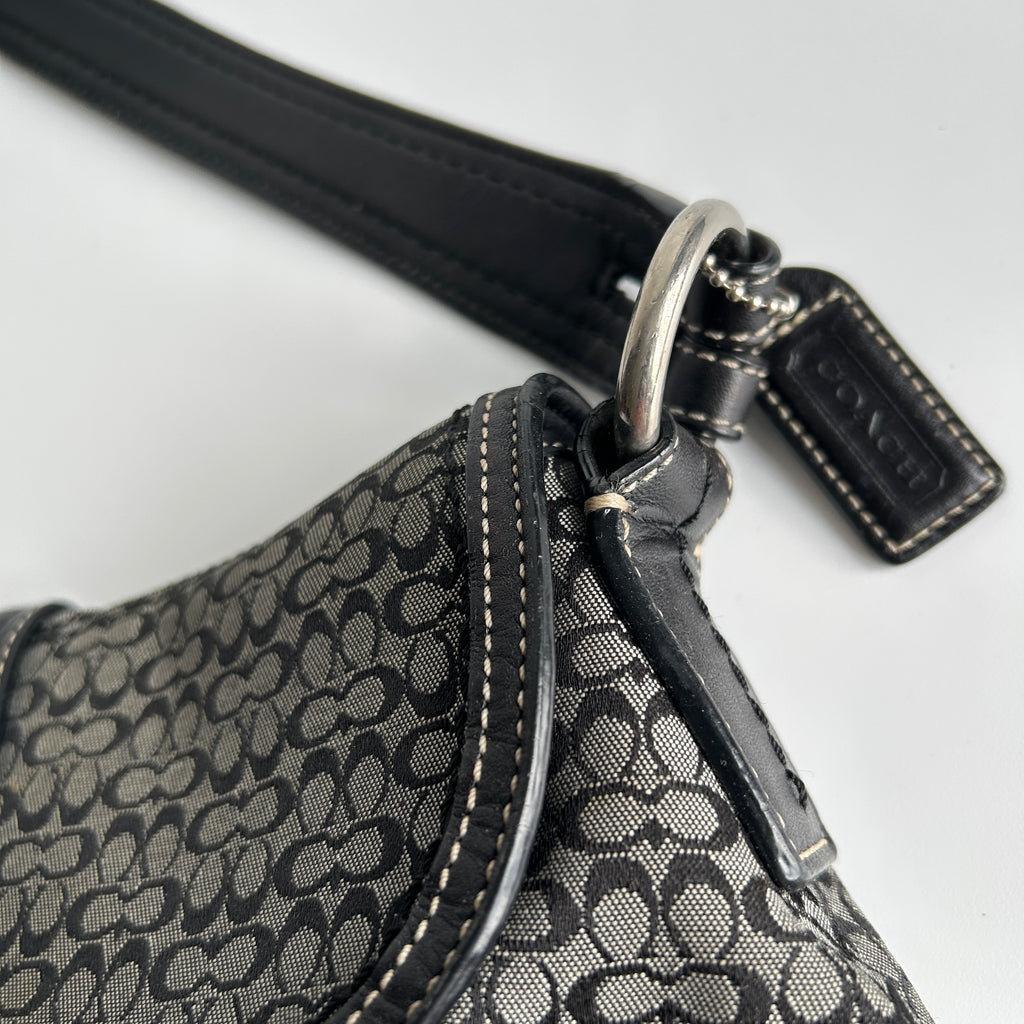 Coach Soho Flap Black Grey Signature Canvas Leather Shoulder Bag F10926 Good