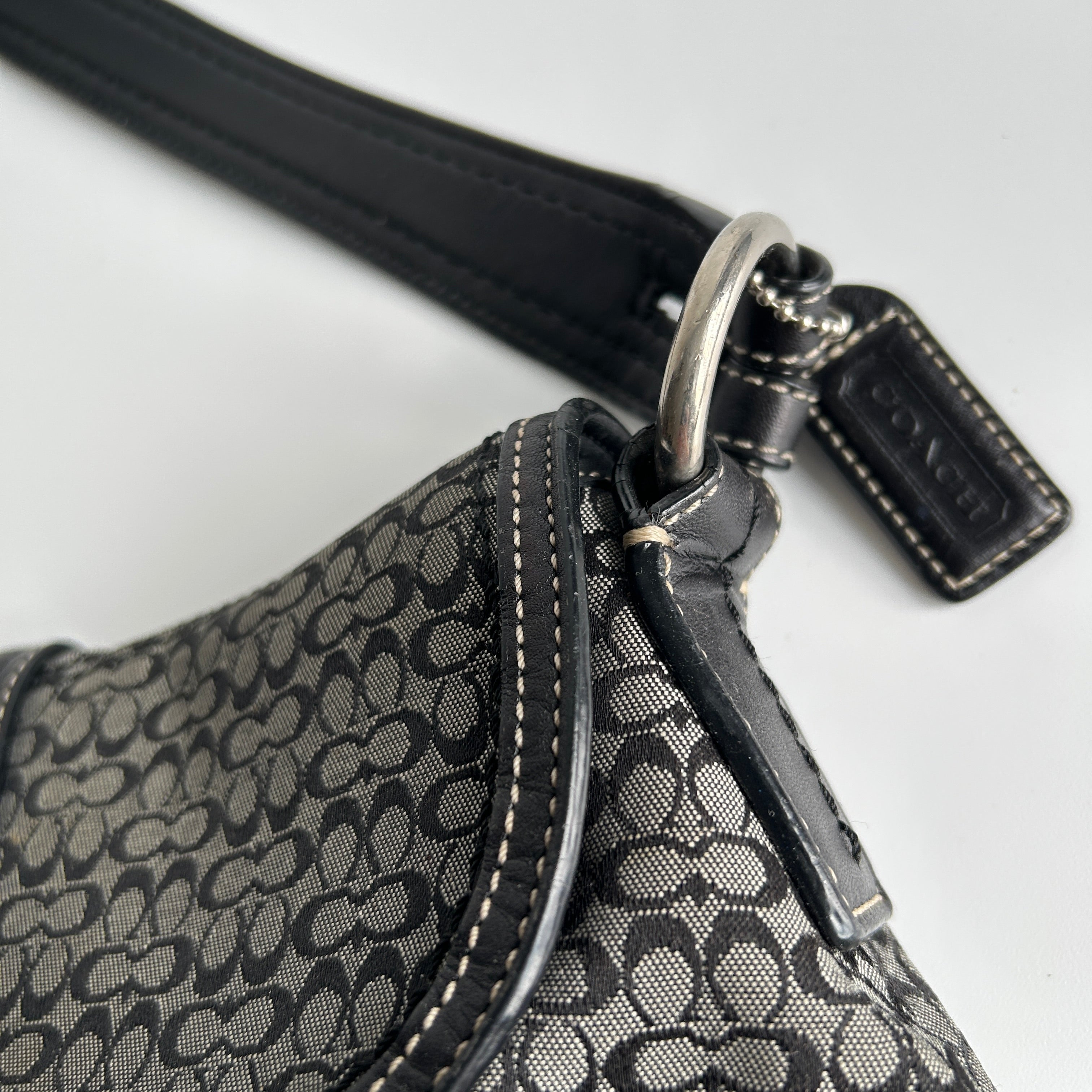 Coach Soho Flap Black Grey Signature Canvas Leather Shoulder Bag F10926 Good