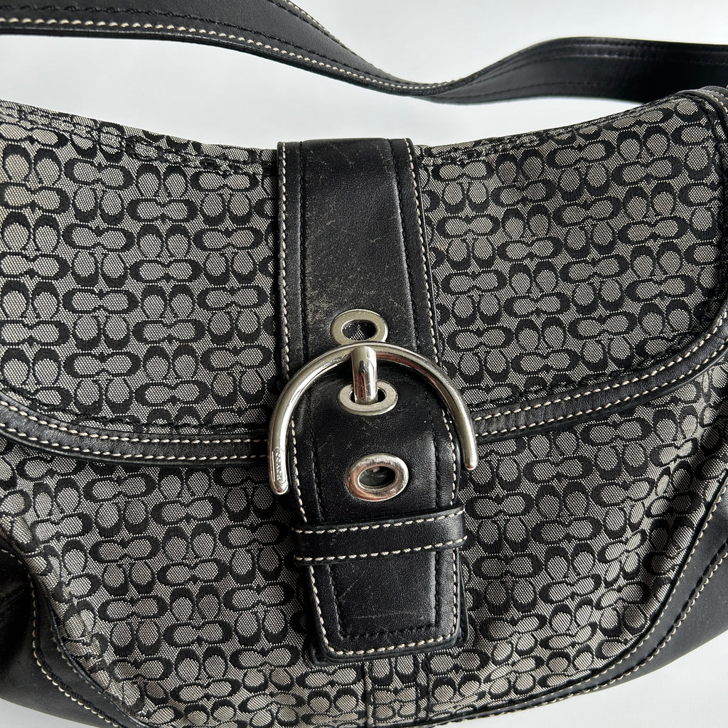 Coach Soho Flap Black Grey Signature Canvas Leather Shoulder Bag F10926 Good