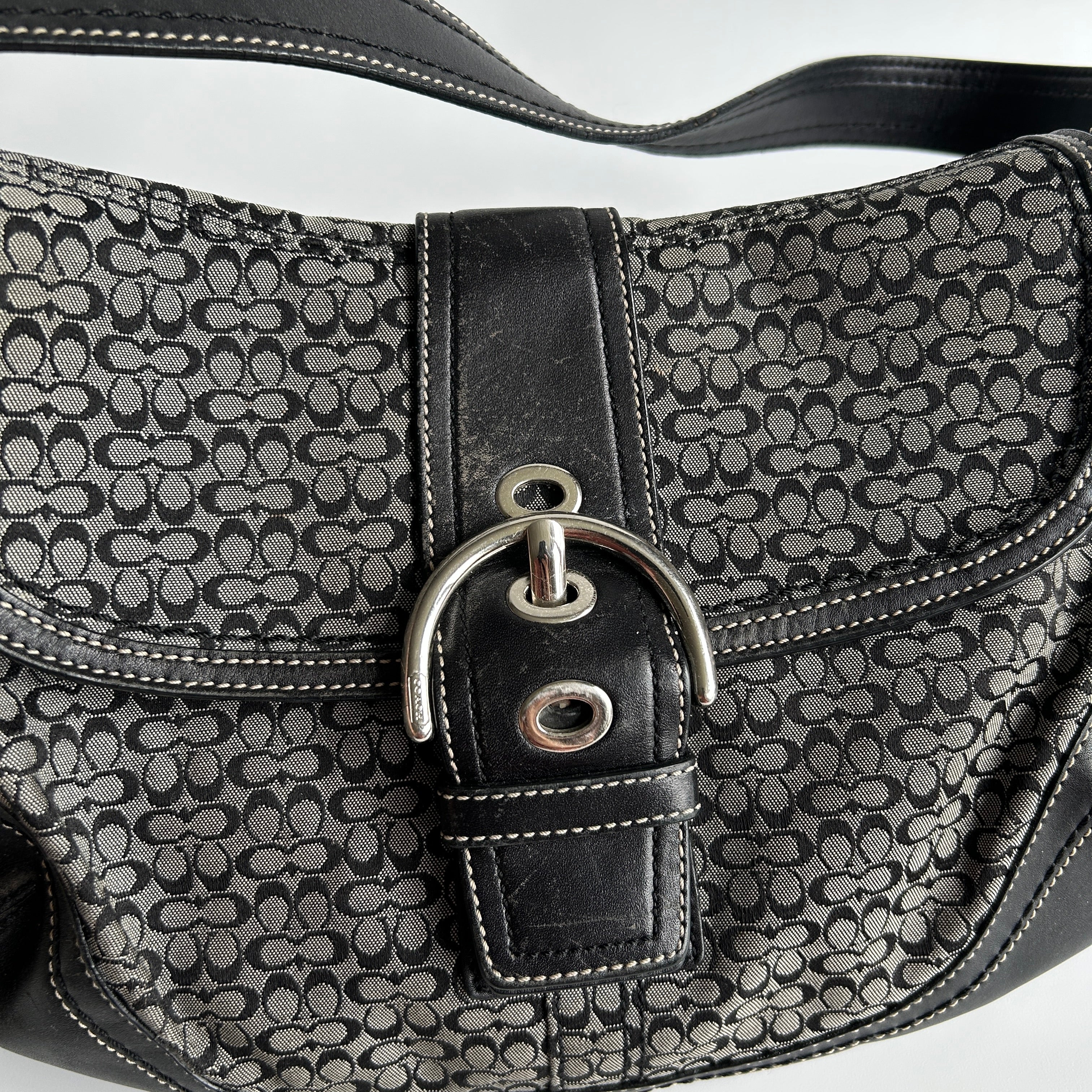 Coach Soho Flap Black Grey Signature Canvas Leather Shoulder Bag F10926 Good