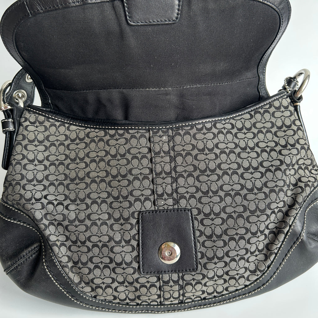 Coach Soho Flap Black Grey Signature Canvas Leather Shoulder Bag F10926 Good