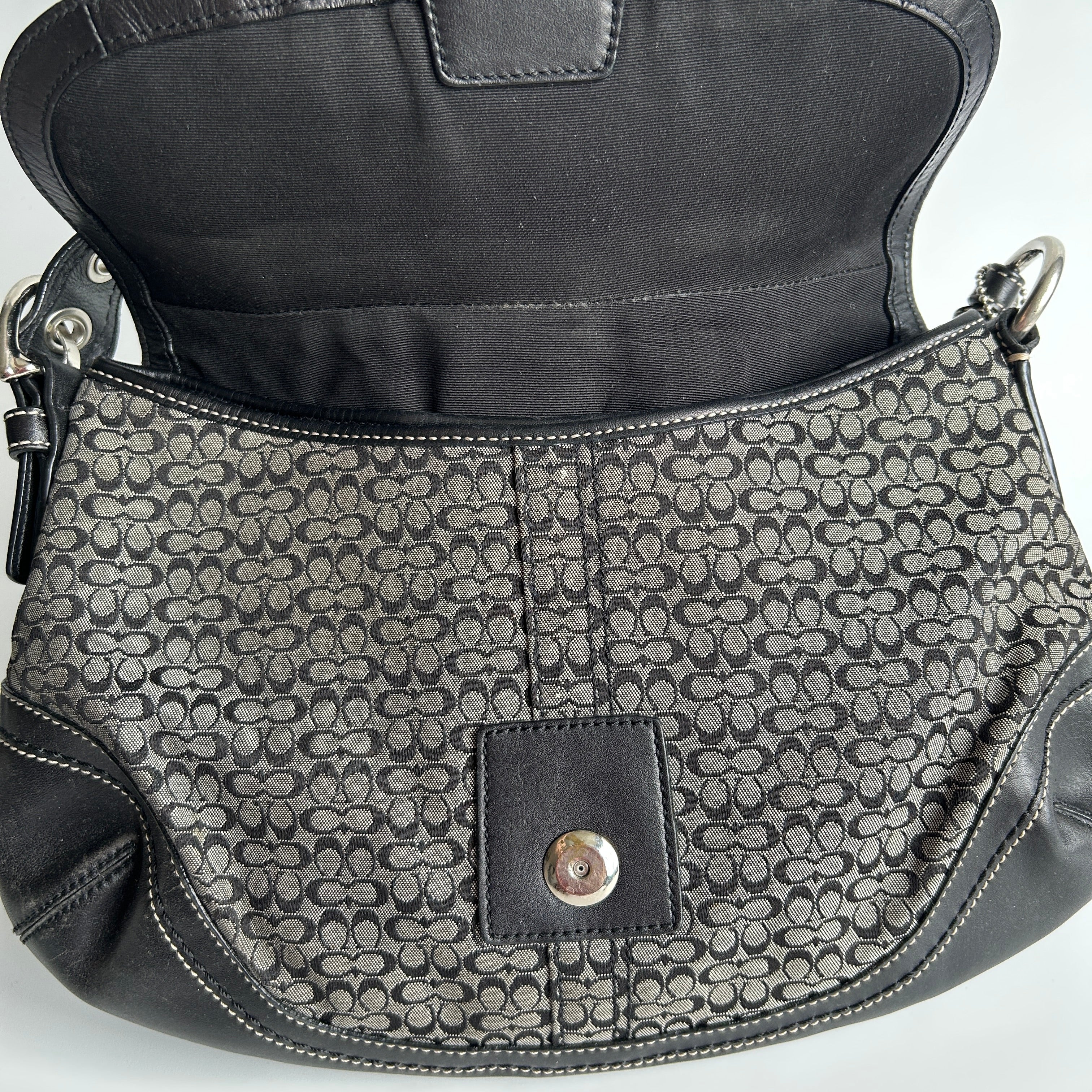 Coach Soho Flap Black Grey Signature Canvas Leather Shoulder Bag F10926 Good