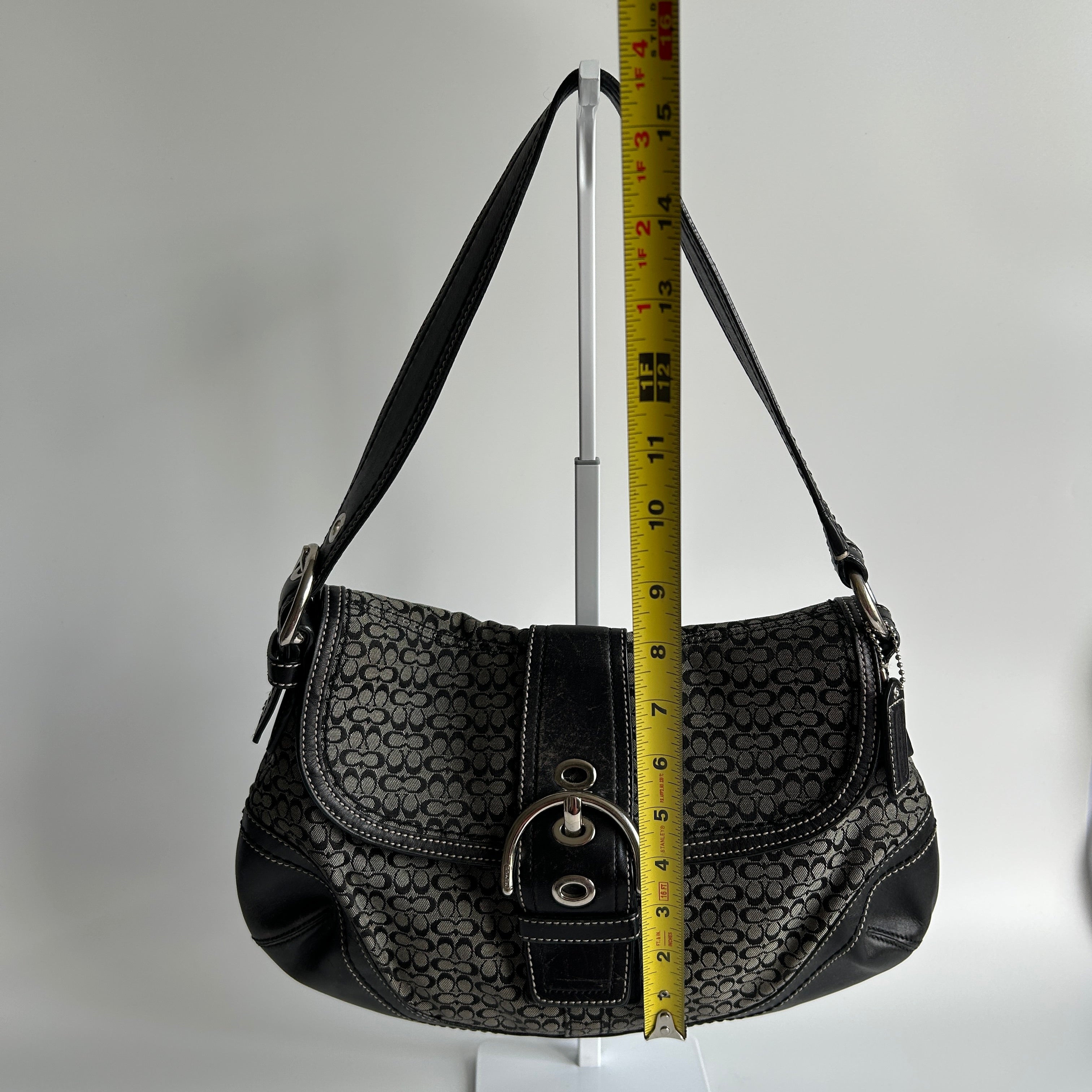 Coach Soho Flap Black Grey Signature Canvas Leather Shoulder Bag F10926 Good