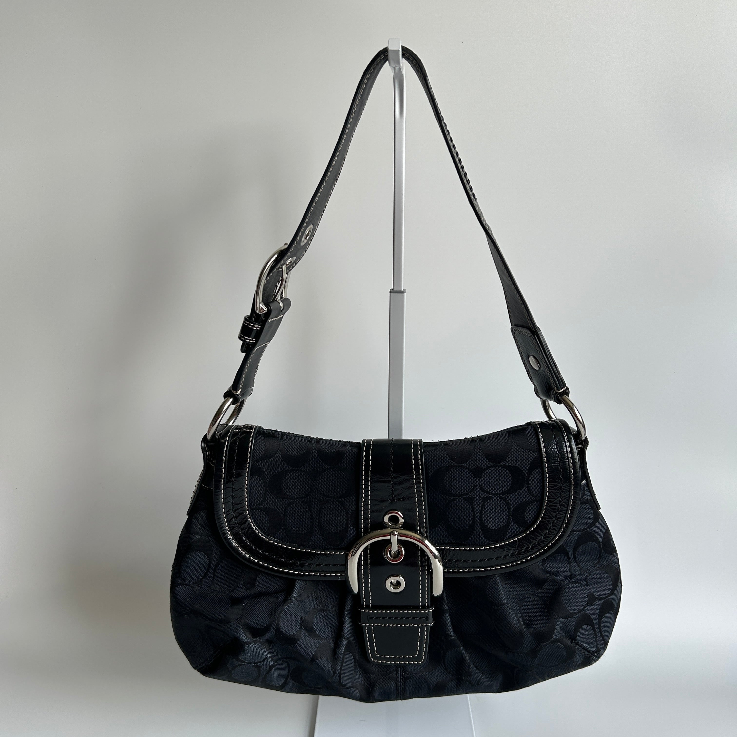 Coach Soho Flap Black Signature Jacquard Patent Leather Shoulder Bag Good