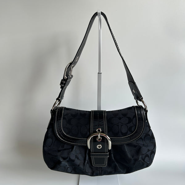 Coach Soho Flap Black Signature Jacquard Patent Leather Shoulder Bag Good