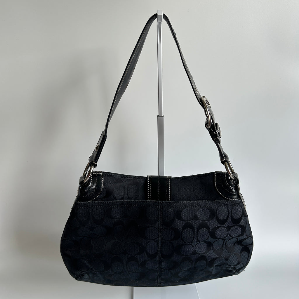 Coach Soho Flap Black Signature Jacquard Patent Leather Shoulder Bag Good