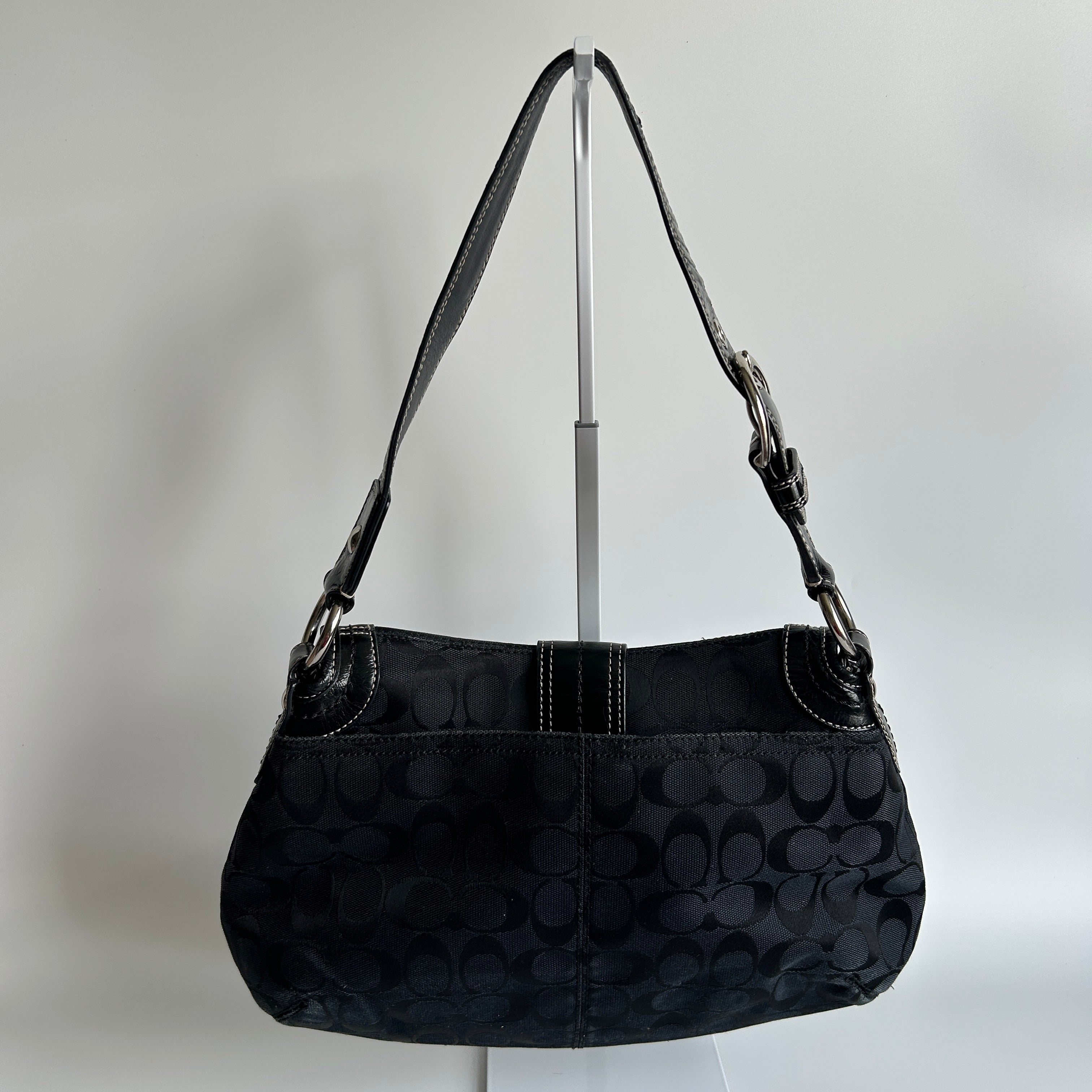Coach Soho Flap Black Signature Jacquard Patent Leather Shoulder Bag Good