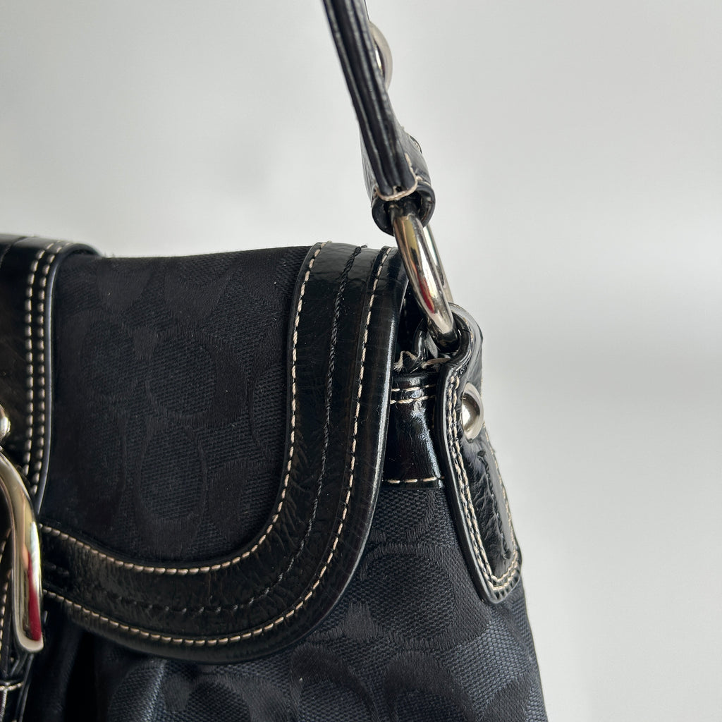 Coach Soho Flap Black Signature Jacquard Patent Leather Shoulder Bag Good