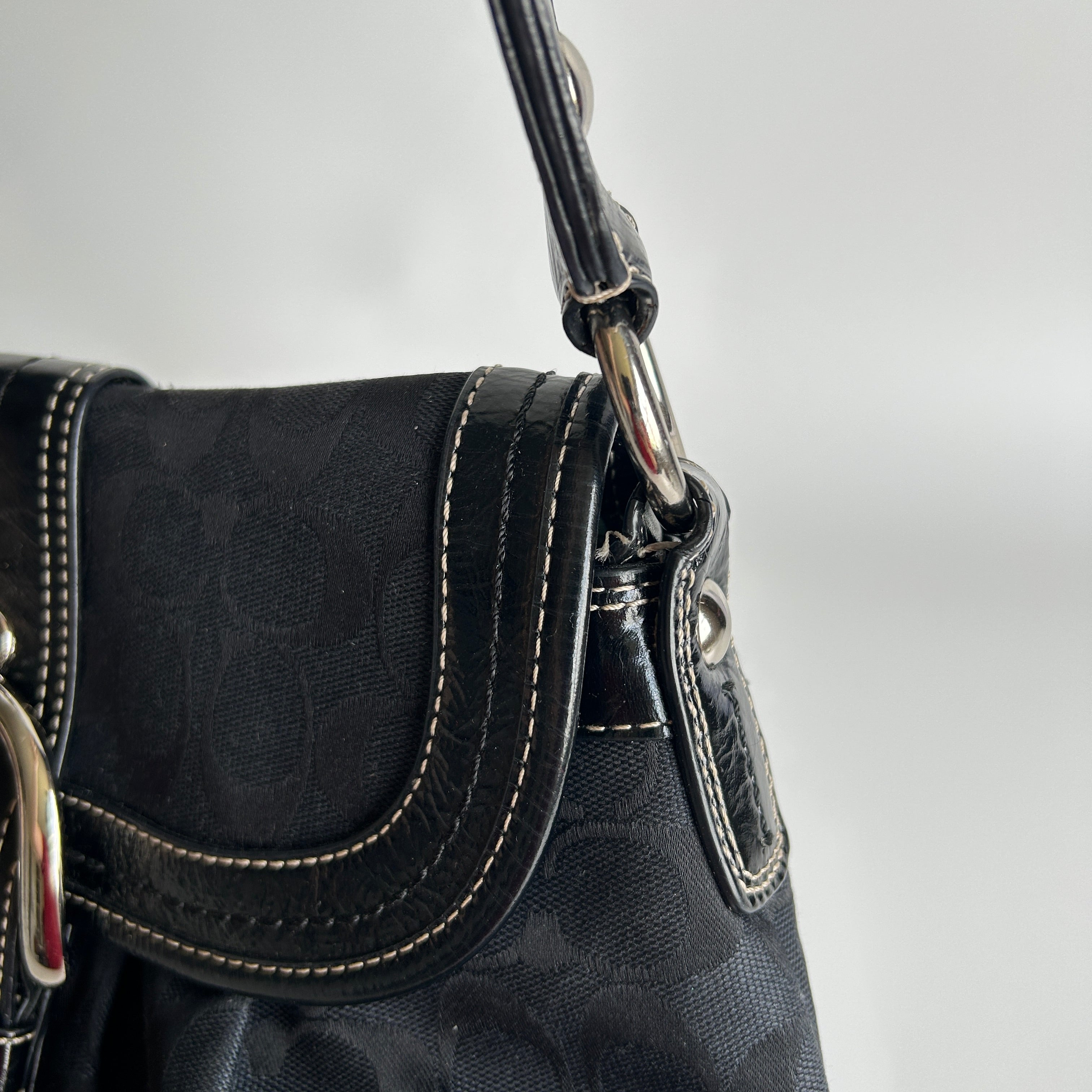 Coach Soho Flap Black Signature Jacquard Patent Leather Shoulder Bag Good