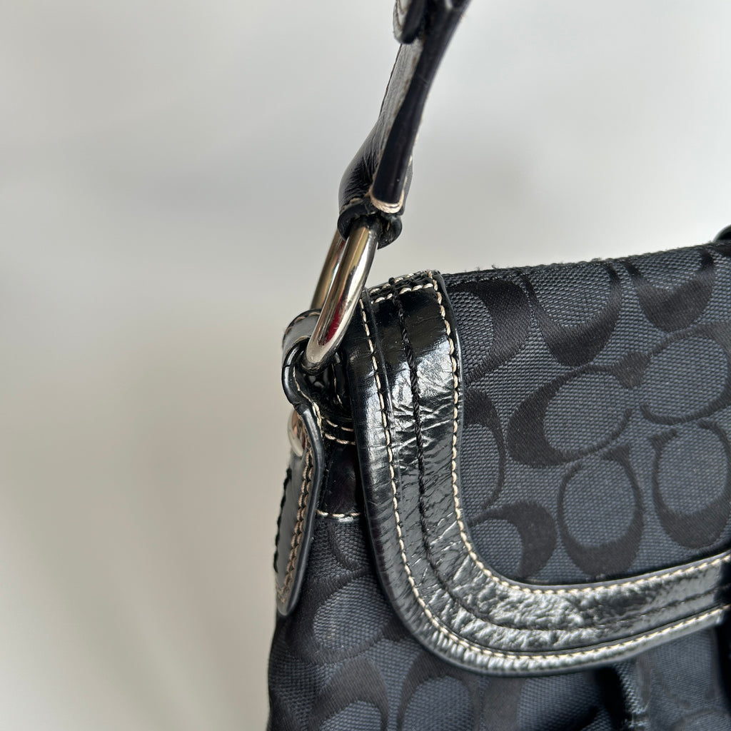 Coach Soho Flap Black Signature Jacquard Patent Leather Shoulder Bag Good