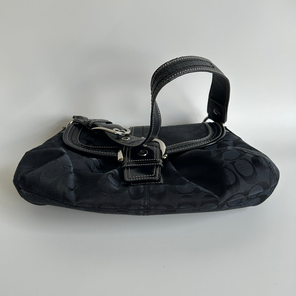 Coach Soho Flap Black Signature Jacquard Patent Leather Shoulder Bag Good