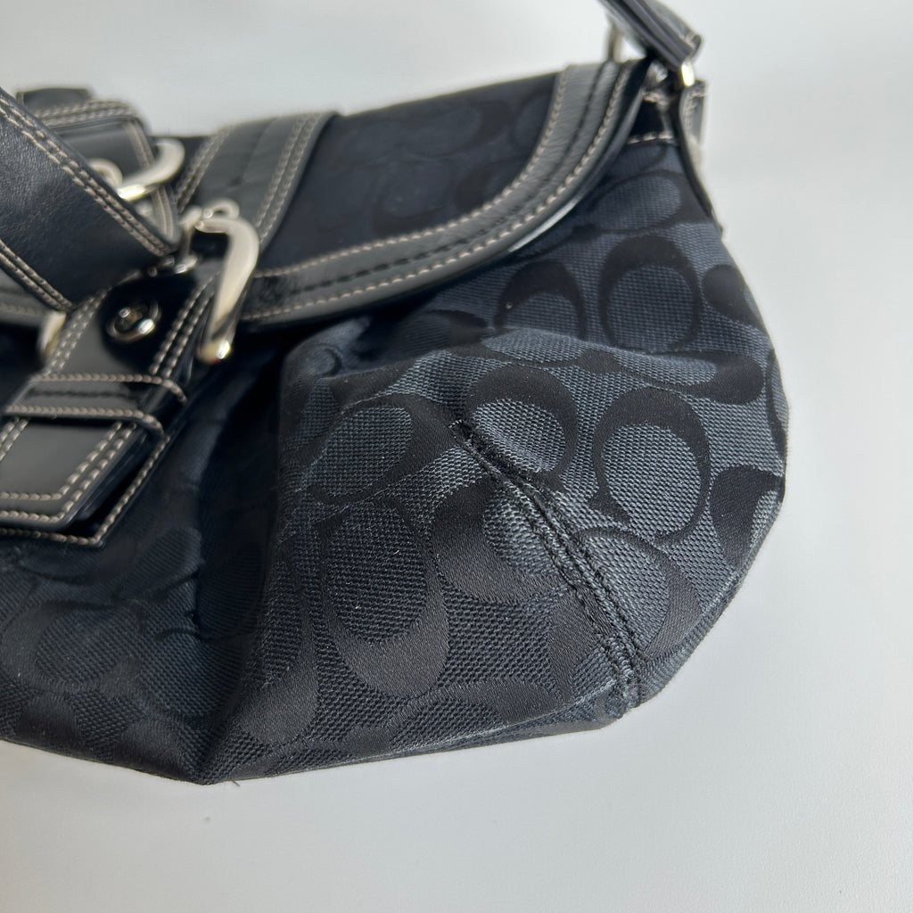 Coach Soho Flap Black Signature Jacquard Patent Leather Shoulder Bag Good