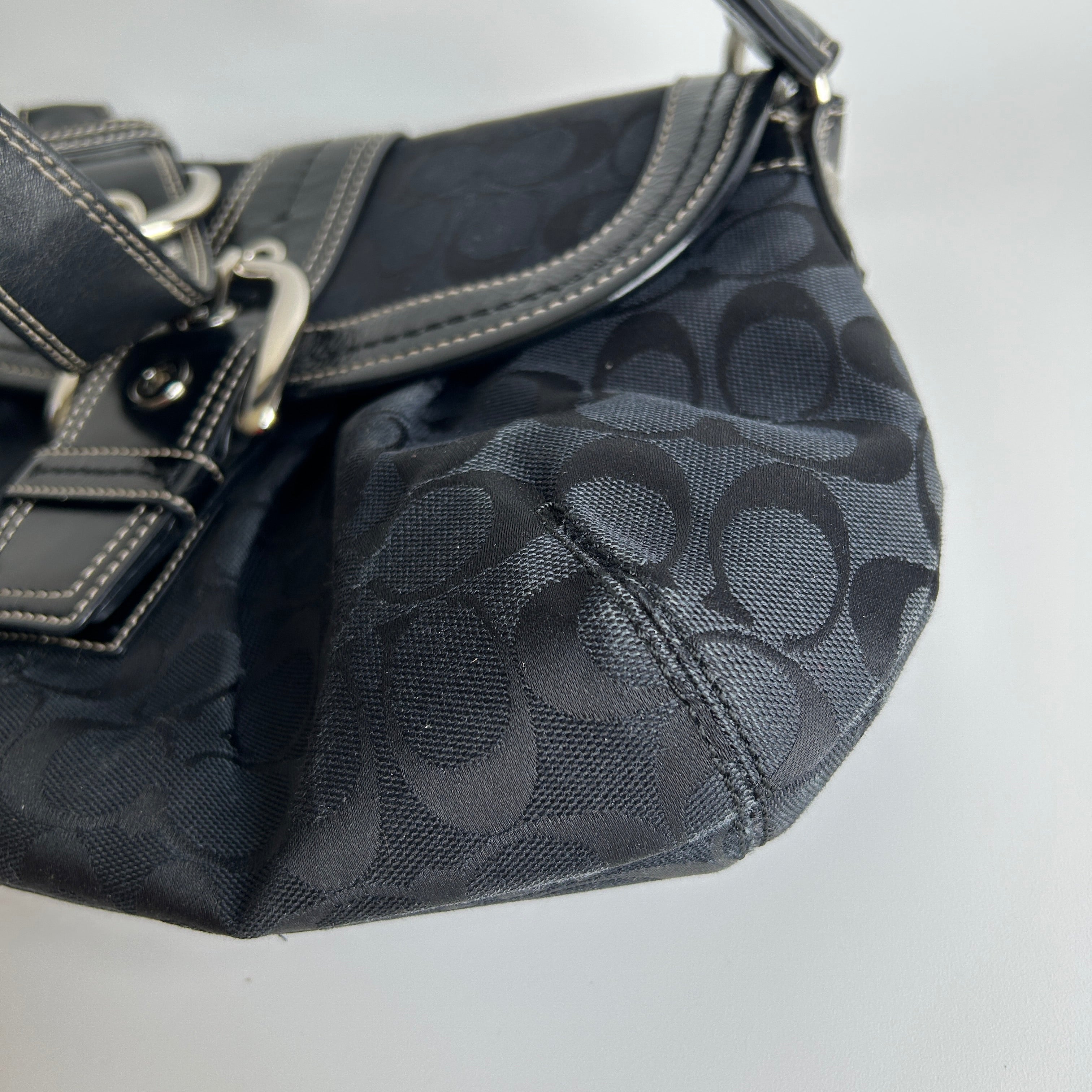 Coach Soho Flap Black Signature Jacquard Patent Leather Shoulder Bag Good