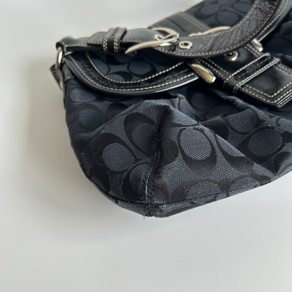 Coach Soho Flap Black Signature Jacquard Patent Leather Shoulder Bag Good