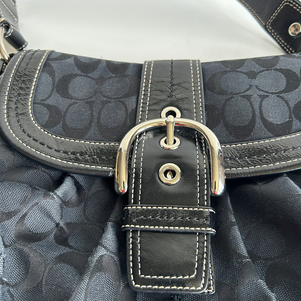 Coach Soho Flap Black Signature Jacquard Patent Leather Shoulder Bag Good