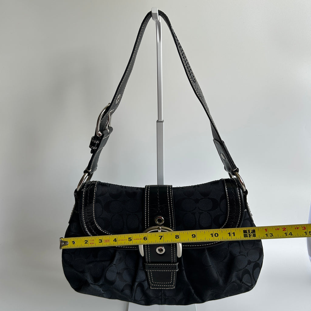 Coach Soho Flap Black Signature Jacquard Patent Leather Shoulder Bag Good