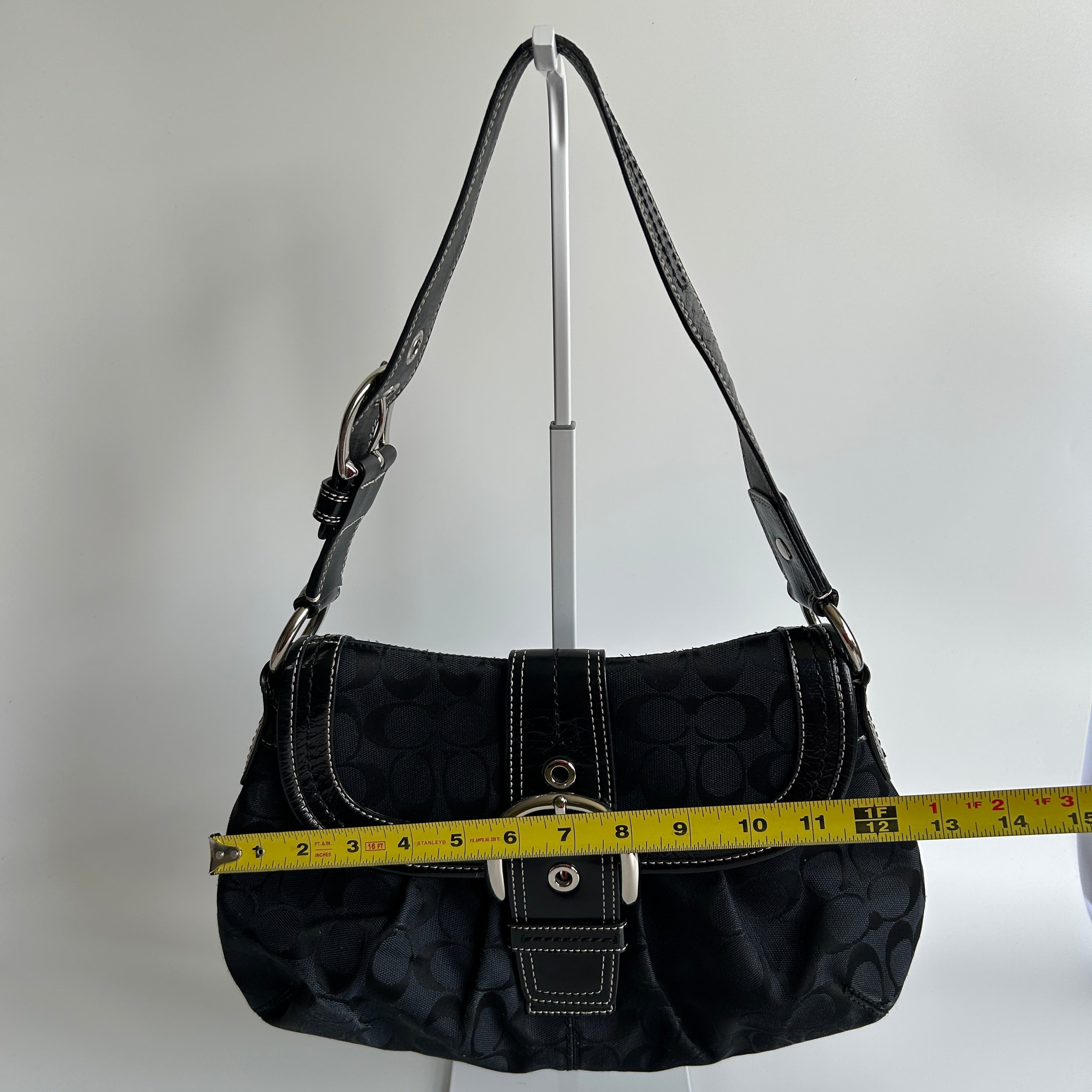 Coach Soho Flap Black Signature Jacquard Patent Leather Shoulder Bag Good