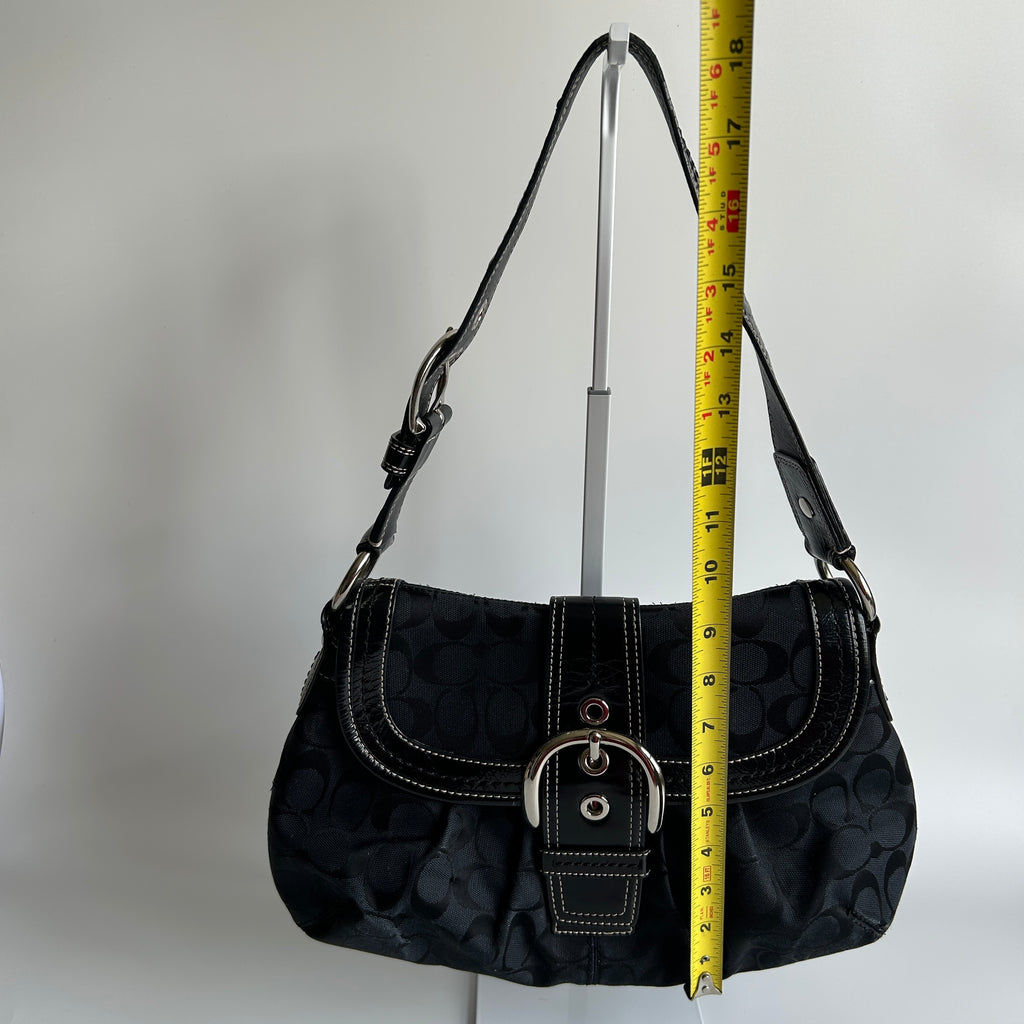 Coach Soho Flap Black Signature Jacquard Patent Leather Shoulder Bag Good