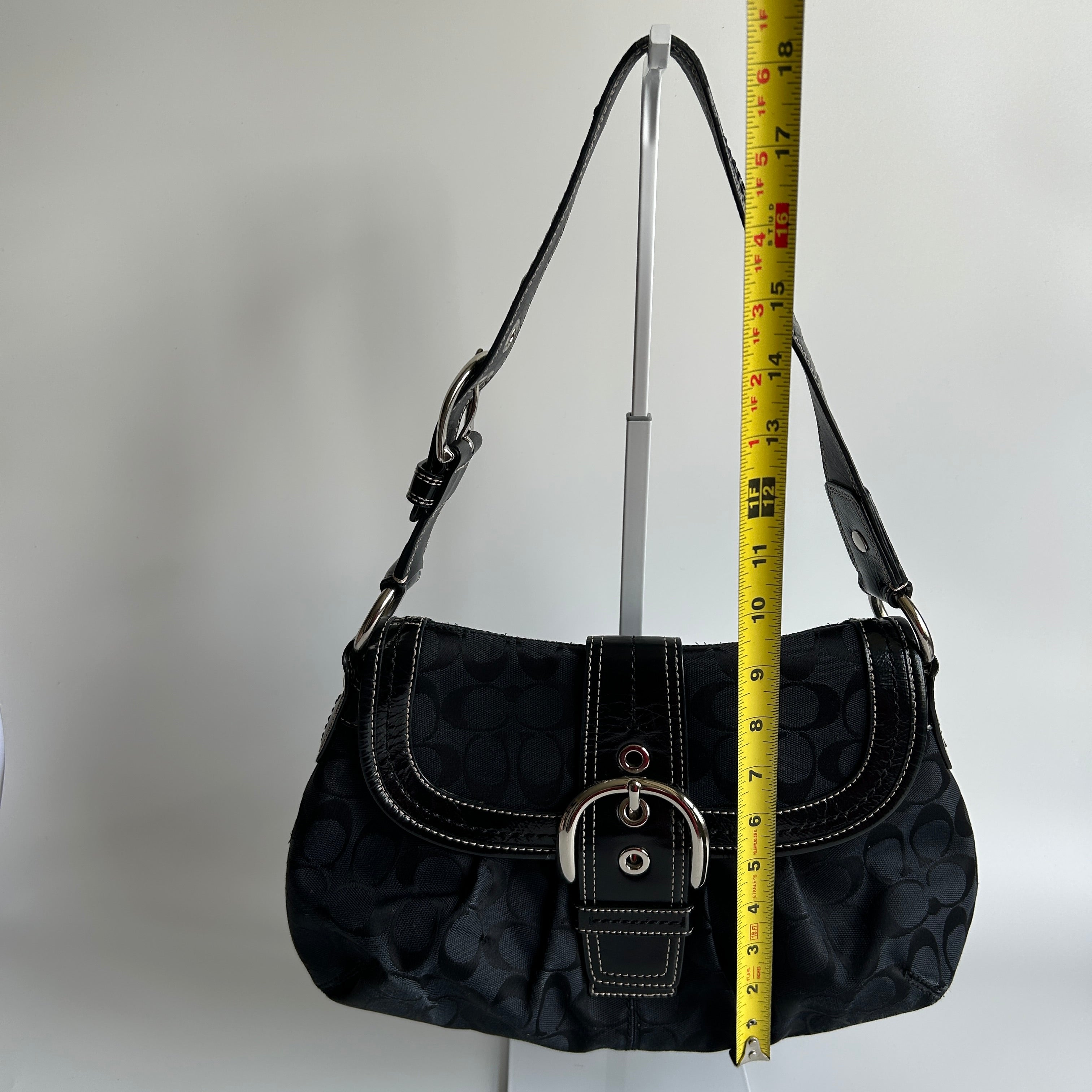 Coach Soho Flap Black Signature Jacquard Patent Leather Shoulder Bag Good