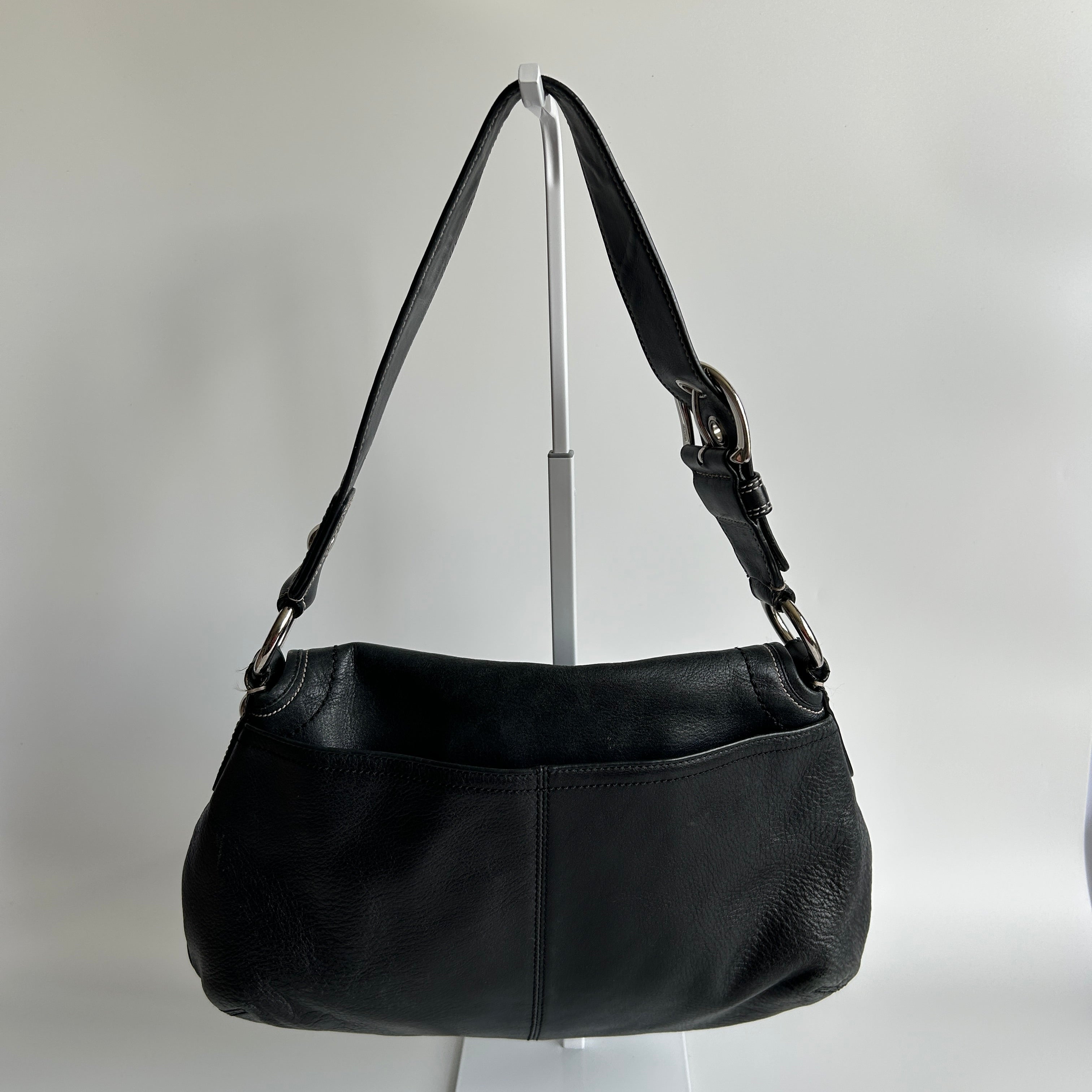 Coach Soho Pleated Flap Black Pebbled Leather Shoulder Bag Good