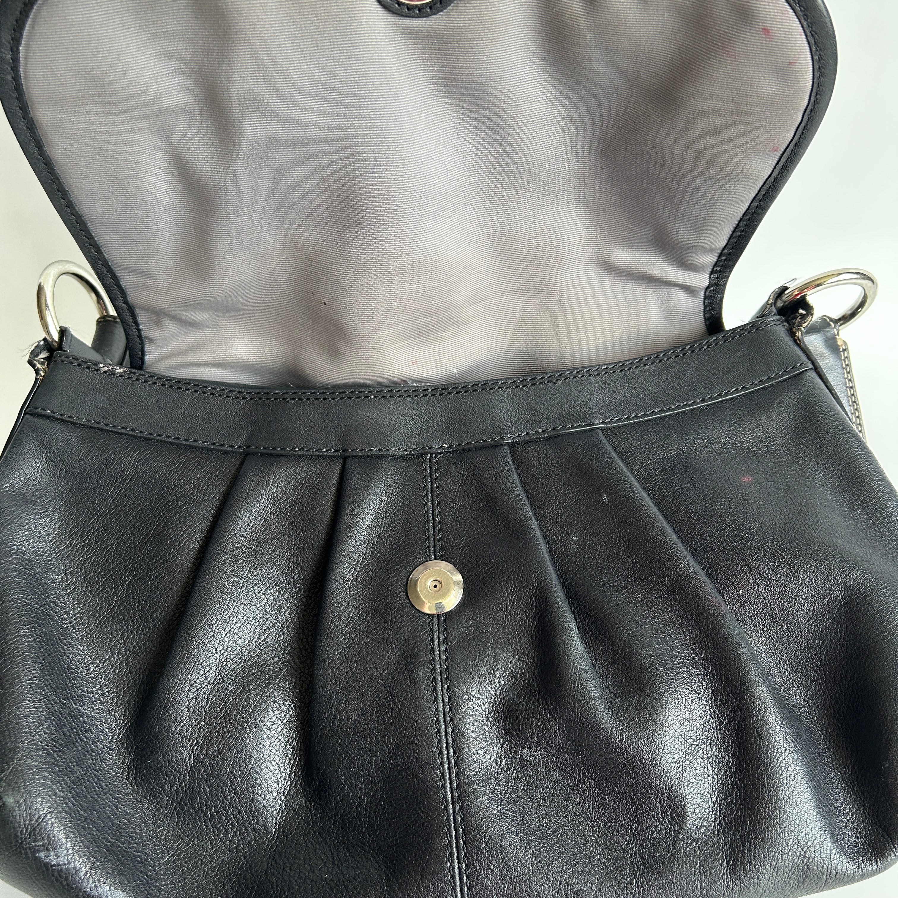 Coach Soho Pleated Flap Black Pebbled Leather Shoulder Bag Good