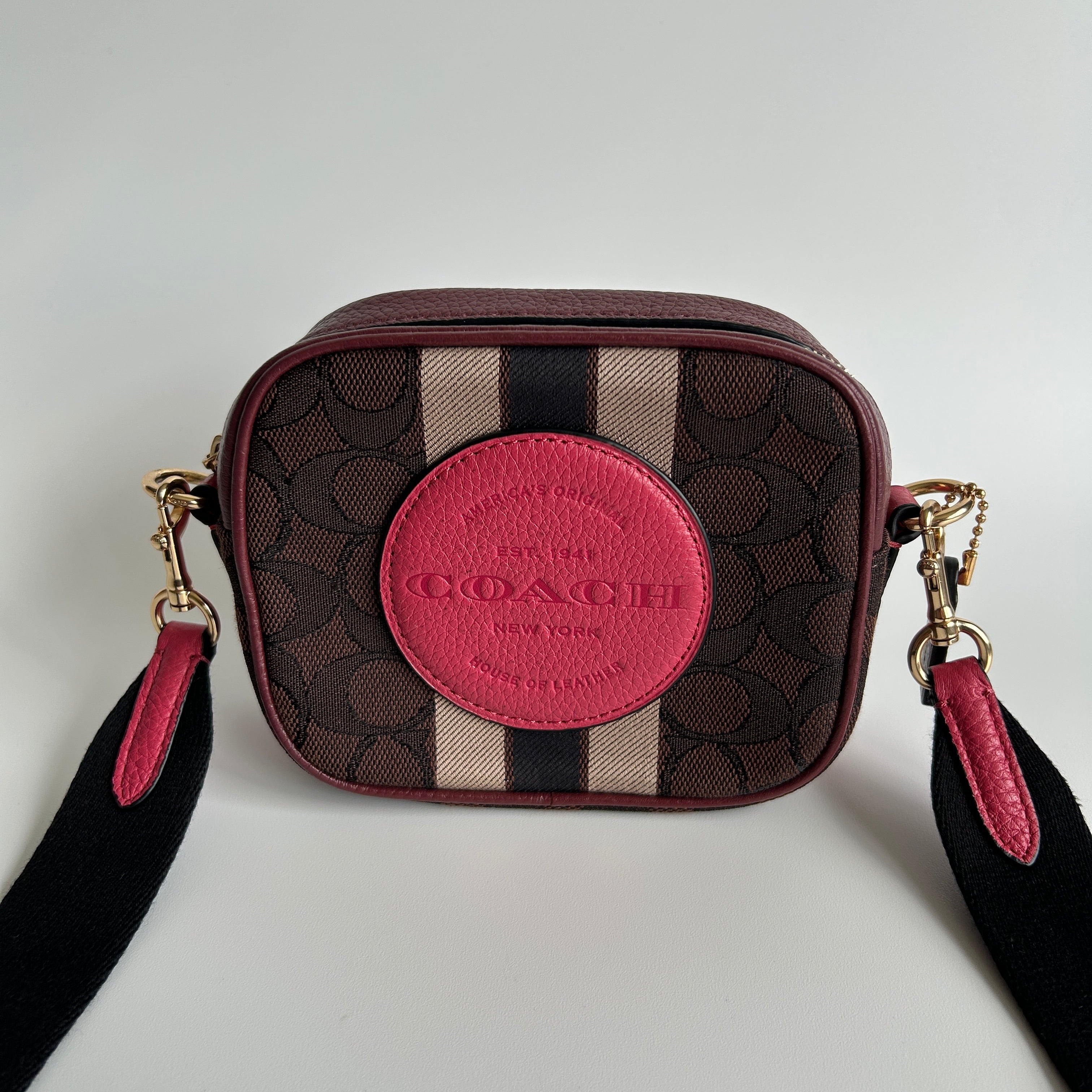 Coach Mini Jamie Burgundy Pink Jacquard Leather Camera Bag Excellent