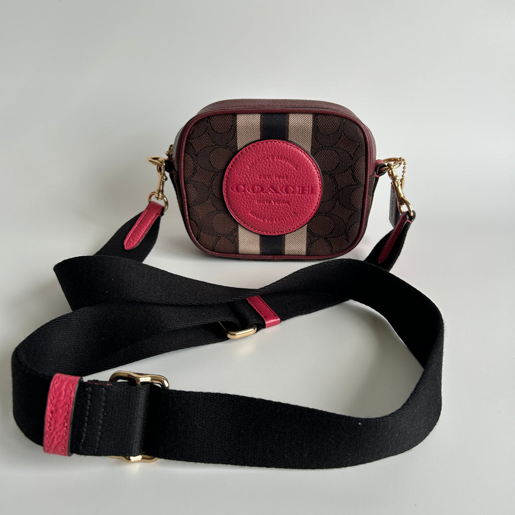 Coach Mini Jamie Burgundy Pink Jacquard Leather Camera Bag Excellent