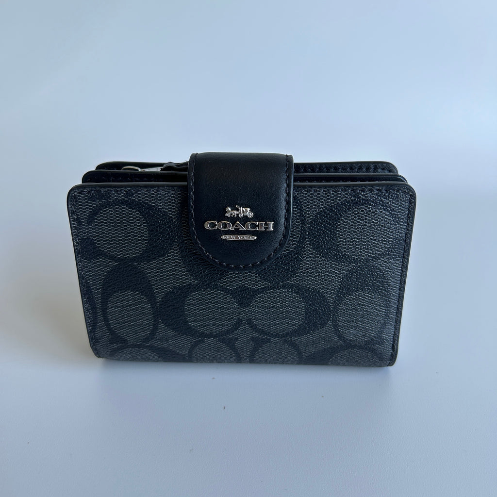 Coach Medium Corner Zip Wallet Black Charcoal Signature Canvas Leather Excellent