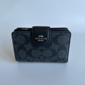 Coach Medium Corner Zip Wallet Black Charcoal Signature Canvas Leather Excellent