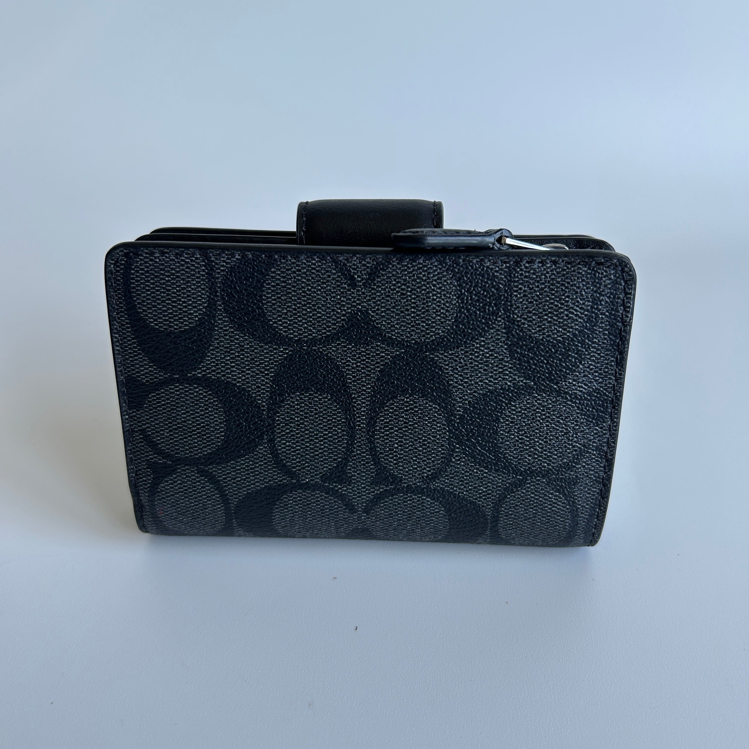 Coach Medium Corner Zip Wallet Black Charcoal Signature Canvas Leather Excellent