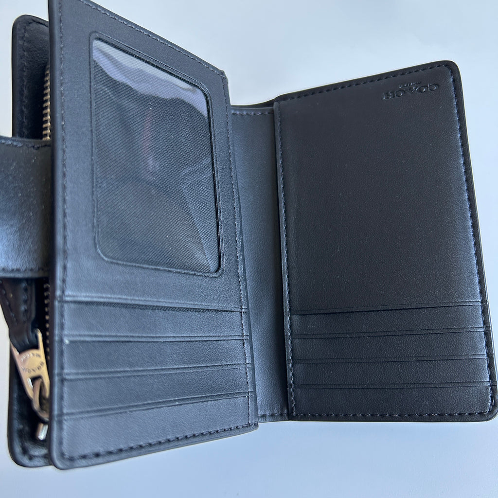 Coach Medium Corner Zip Wallet Black Charcoal Signature Canvas Leather Excellent