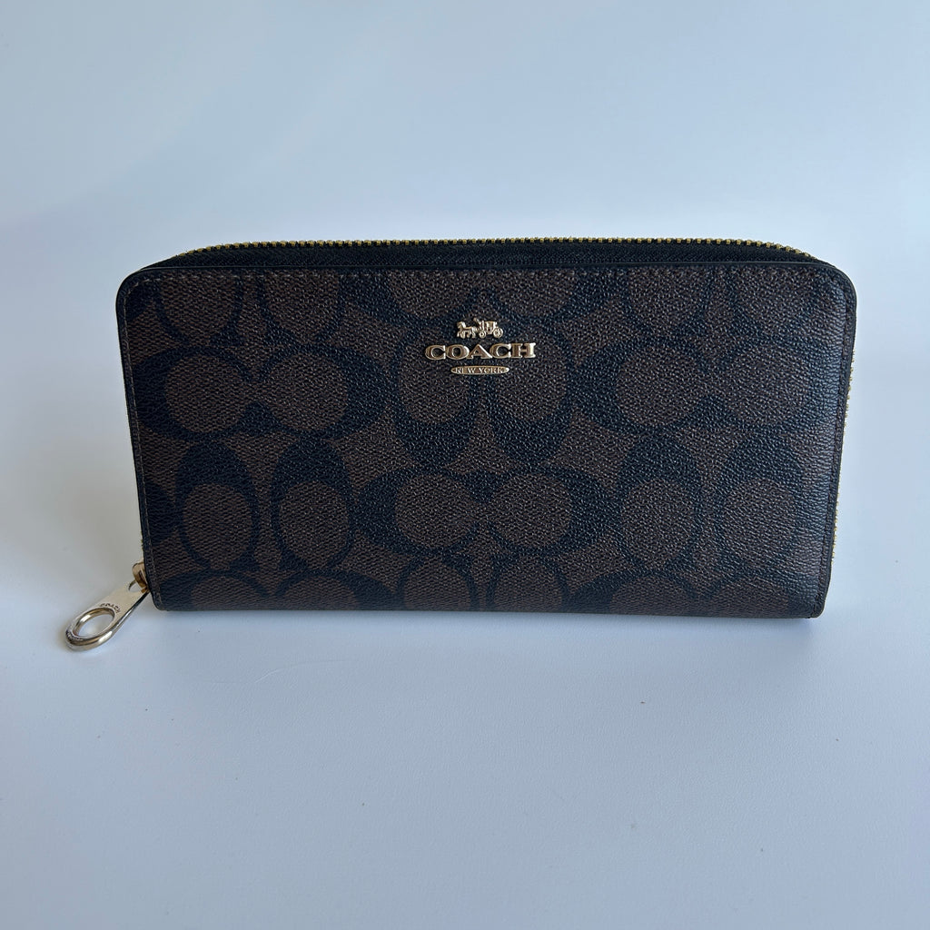 Coach Accordion Zip Wallet Brown Black Signature Canvas Excellent