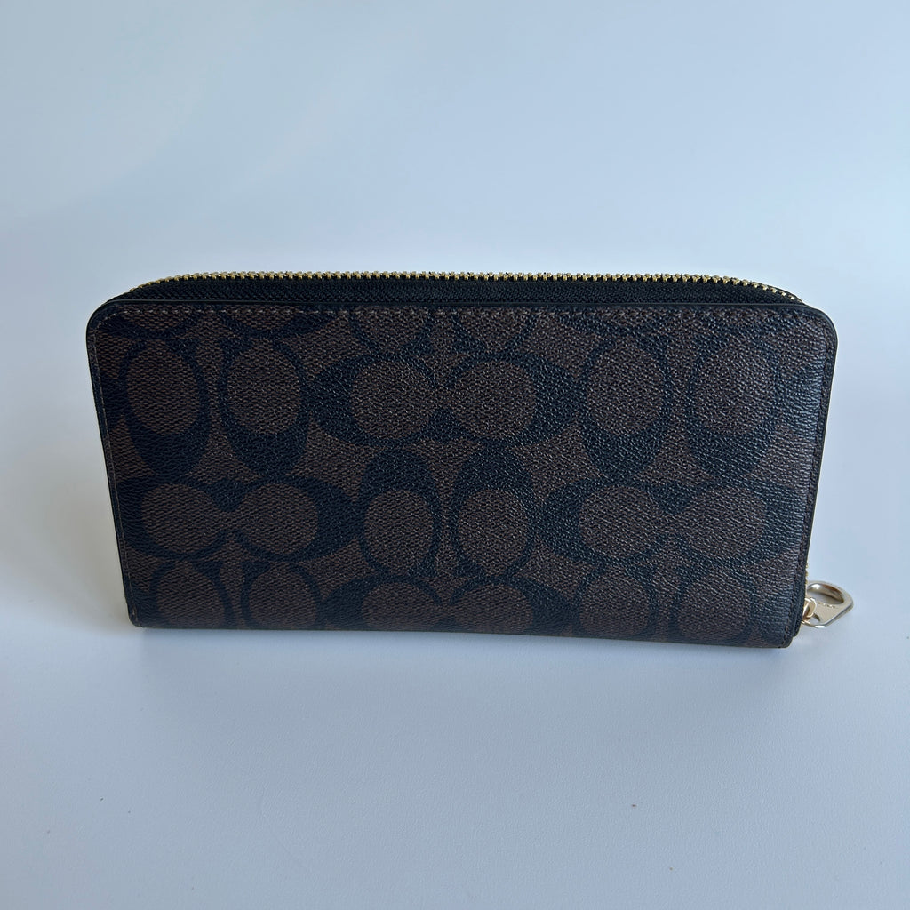 Coach Accordion Zip Wallet Brown Black Signature Canvas Excellent