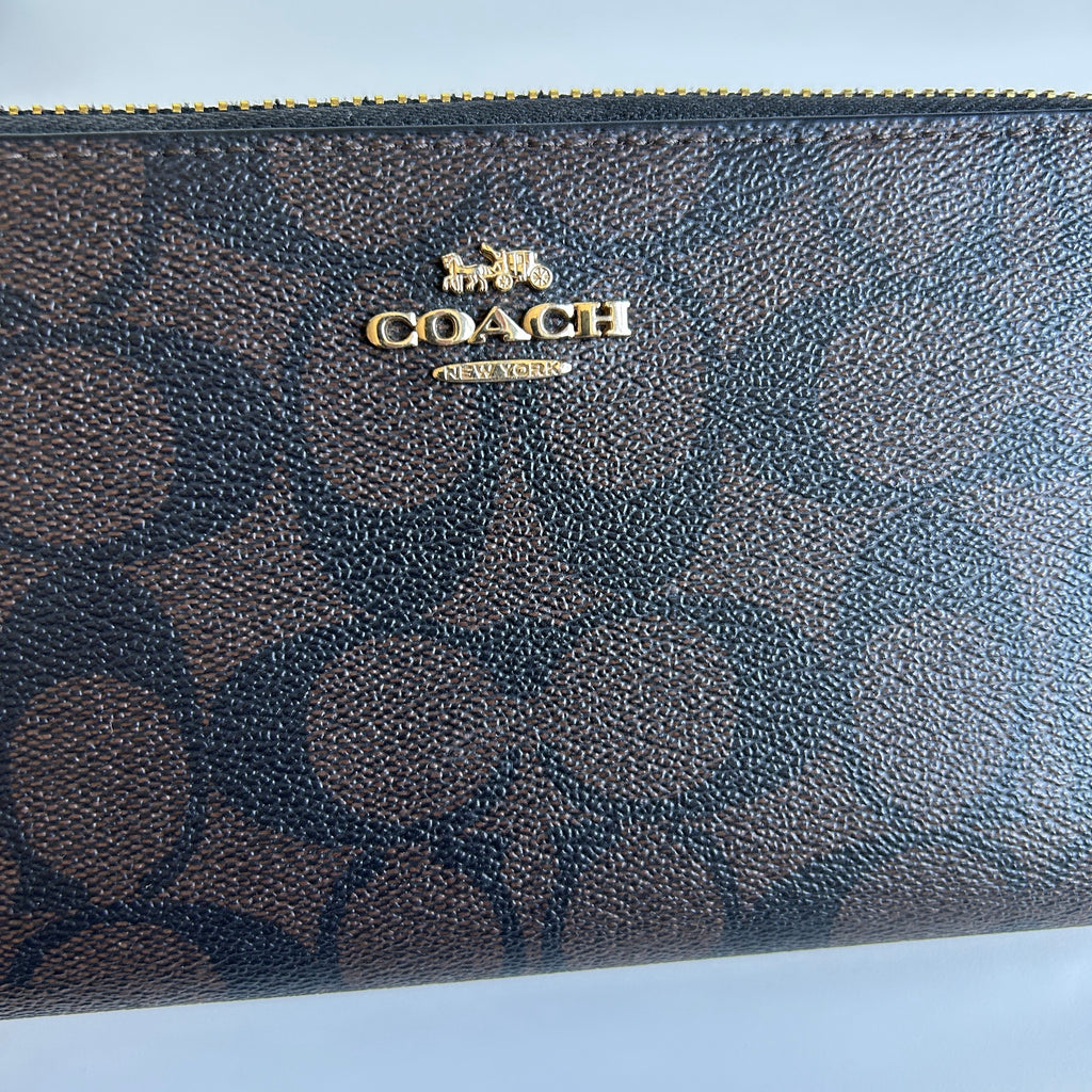 Coach Accordion Zip Wallet Brown Black Signature Canvas Excellent