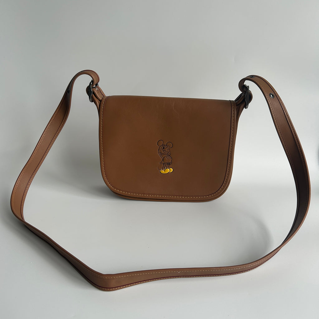 Disney Coach Mickey Mouse Saddle Bag 23 Tan Glovetanned Leather Excellent