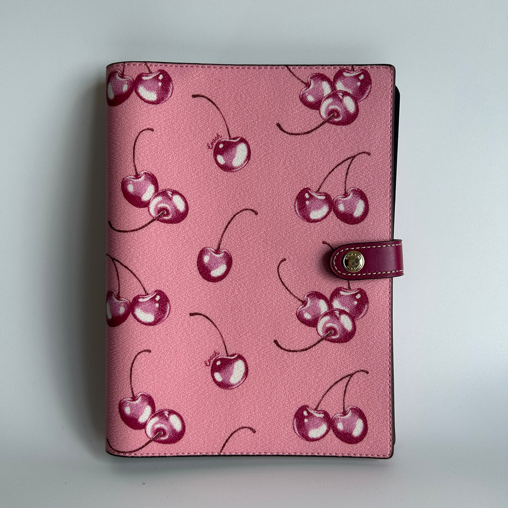 Coach Cherry Print Pink Crossgrain Leather Notebook Cover Excellent
