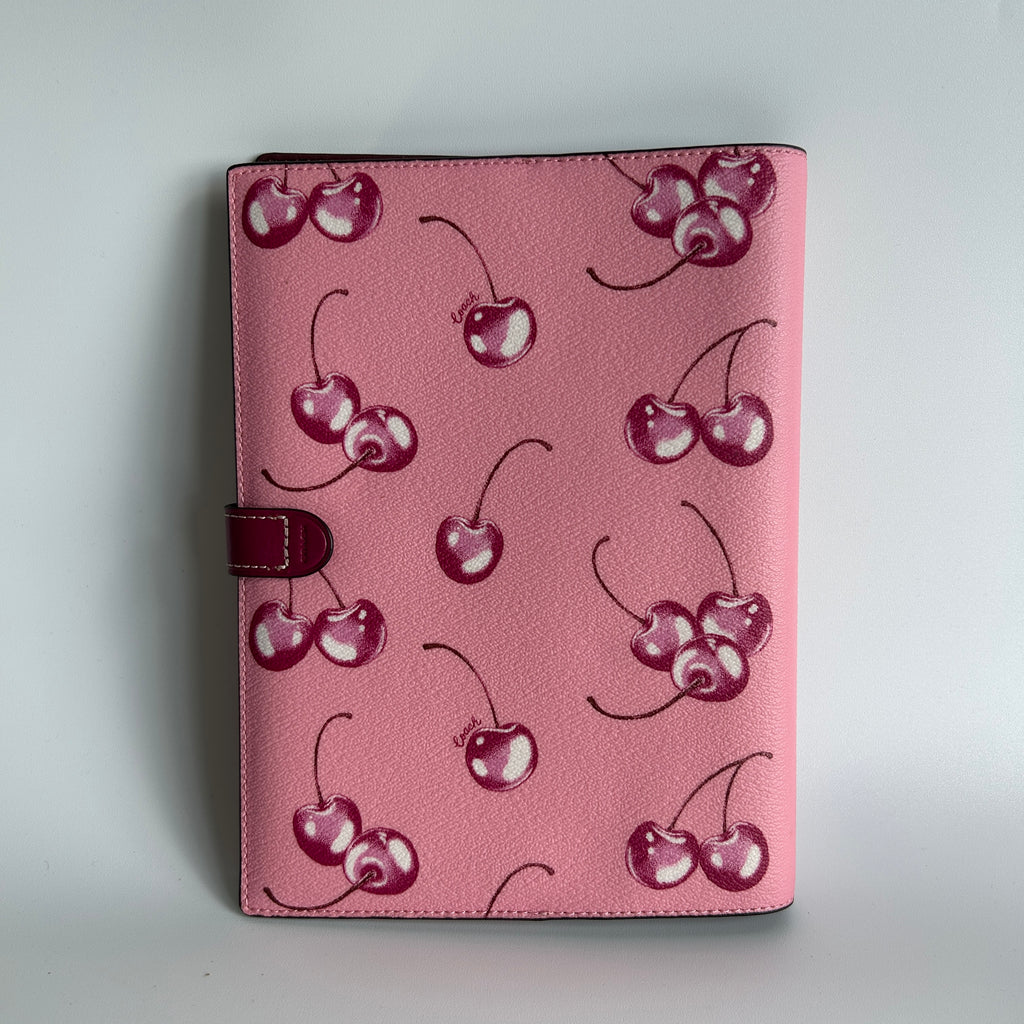 Coach Cherry Print Pink Crossgrain Leather Notebook Cover Excellent