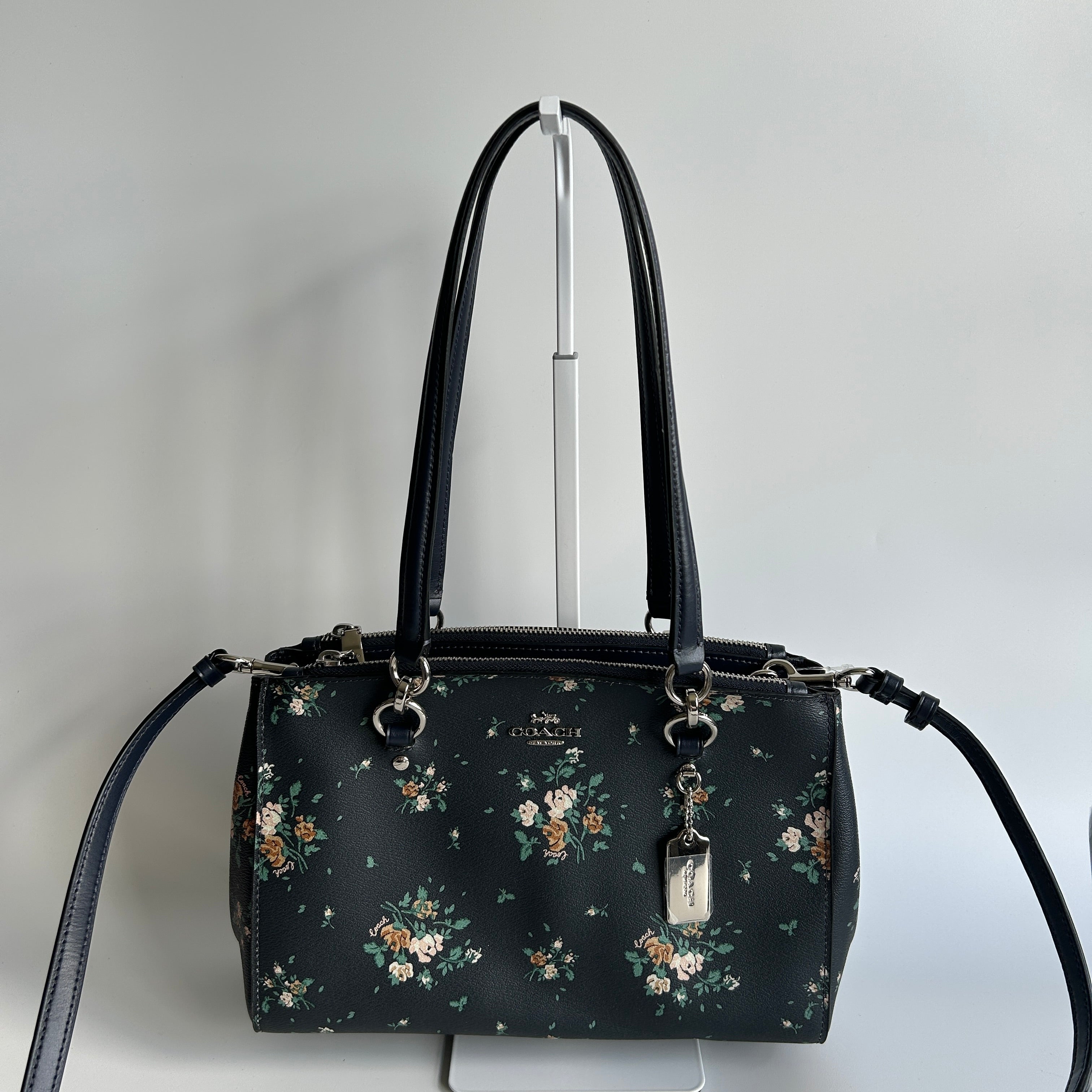 Coach Etta Carryall Rose Bouquet Navy Pebbled Leather Crossbody Bag NWT
