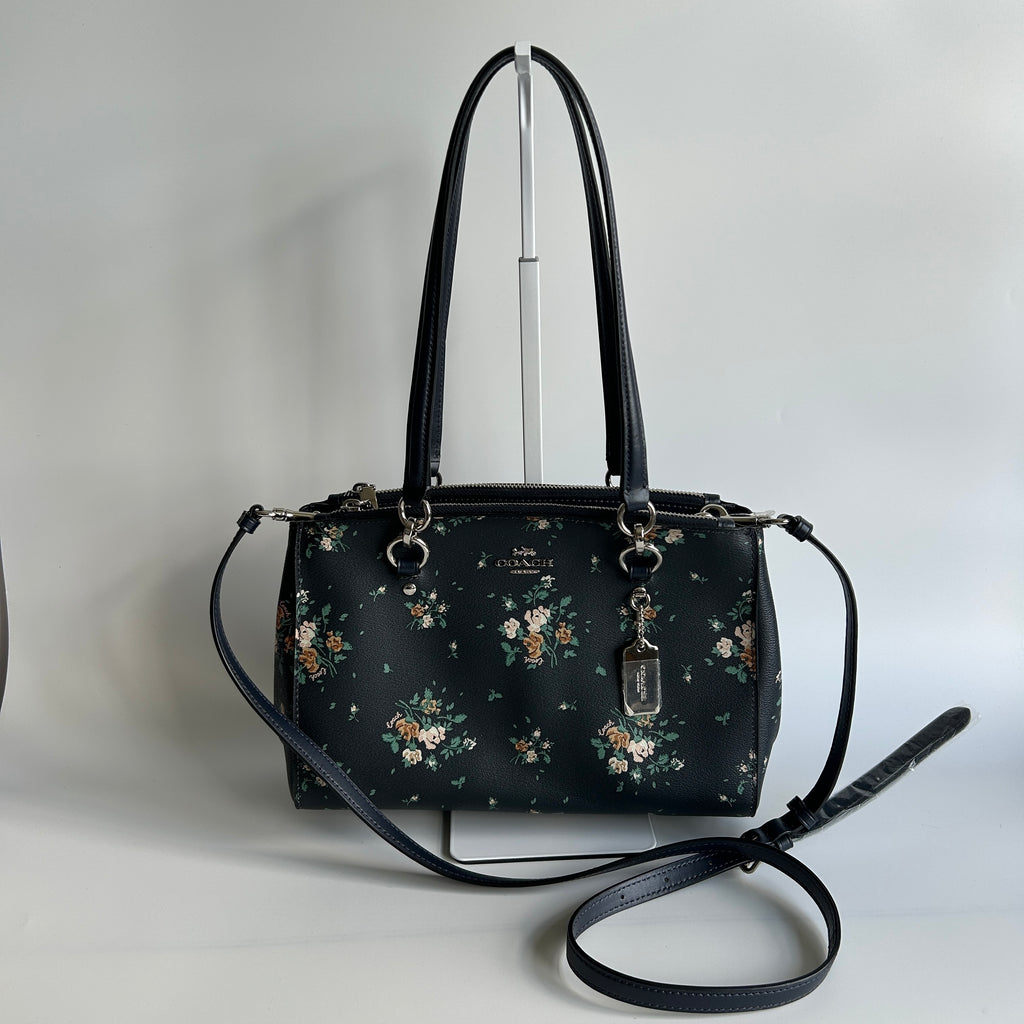 Coach Etta Carryall Rose Bouquet Navy Pebbled Leather Crossbody Bag NWT