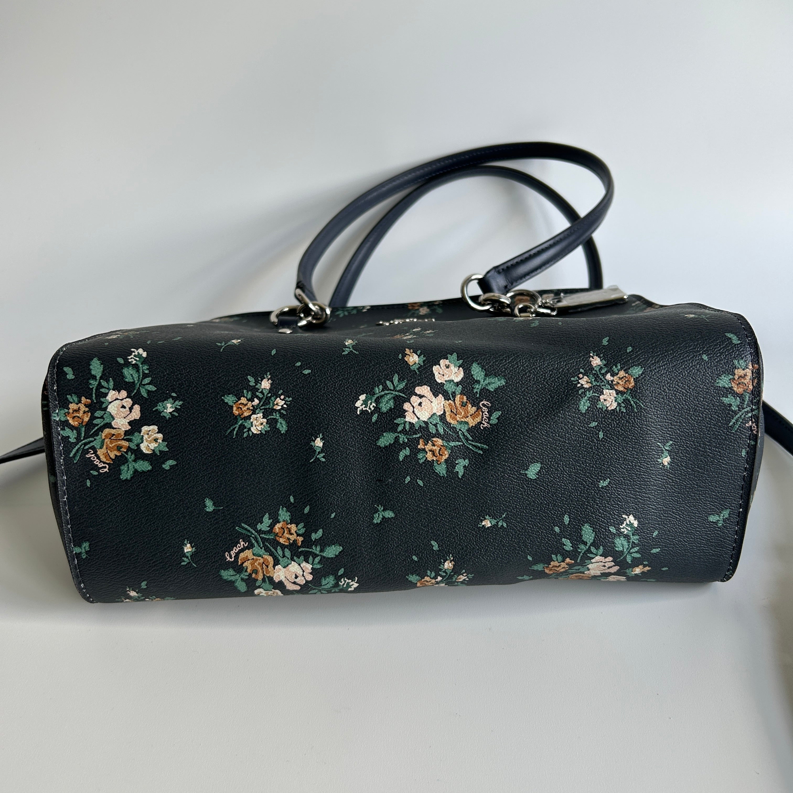 Coach Etta Carryall Rose Bouquet Navy Pebbled Leather Crossbody Bag NWT