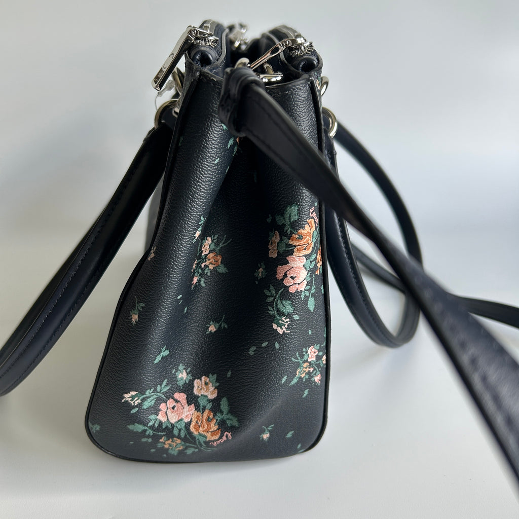 Coach Etta Carryall Rose Bouquet Navy Pebbled Leather Crossbody Bag NWT