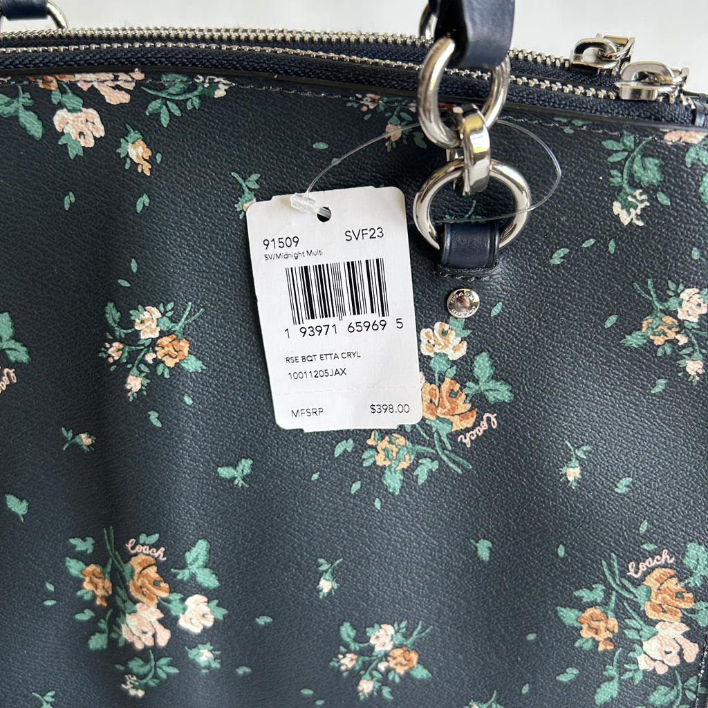 Coach Etta Carryall Rose Bouquet Navy Pebbled Leather Crossbody Bag NWT