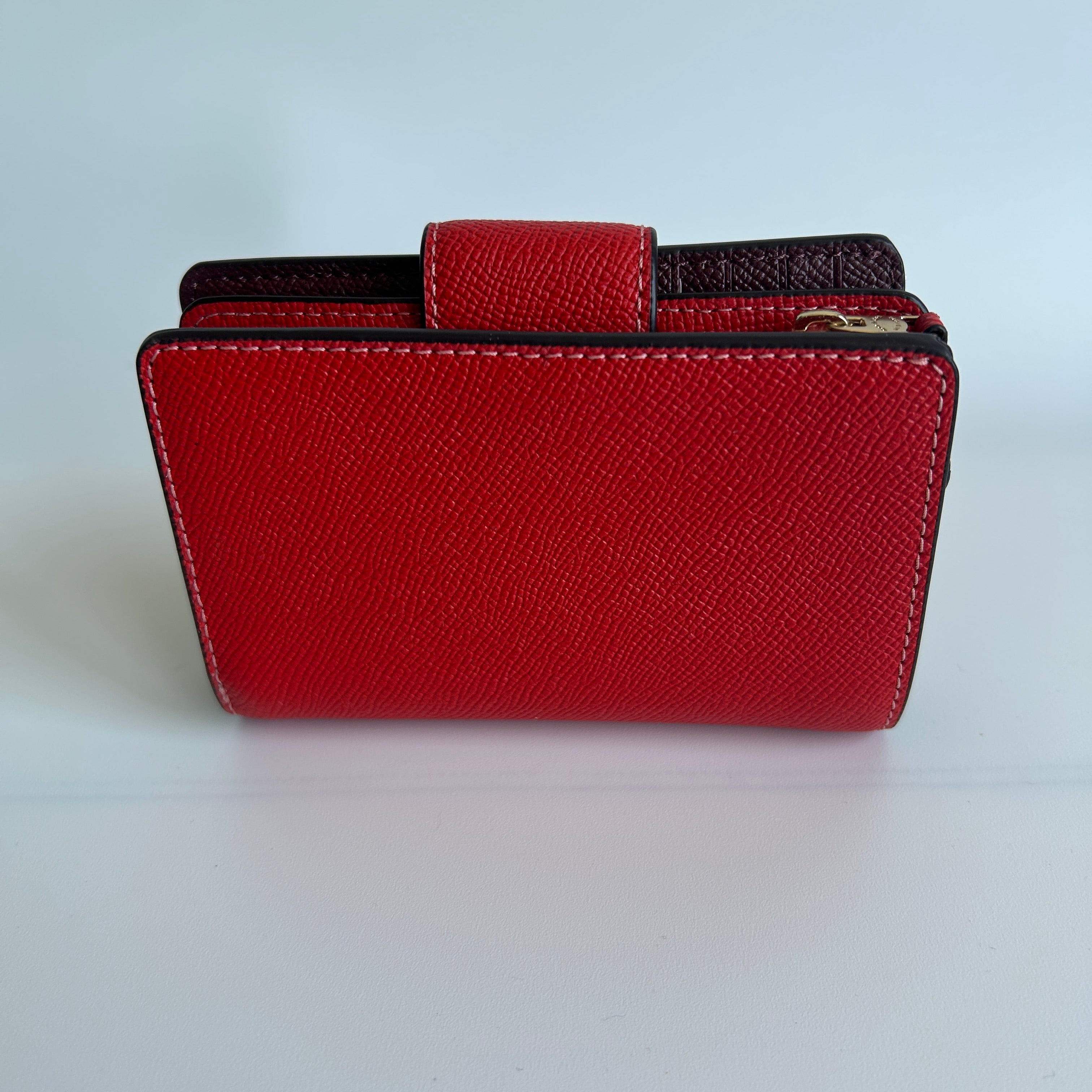 Coach Medium Corner Zip Miami Red Crossgrain Leather Wallet NEW
