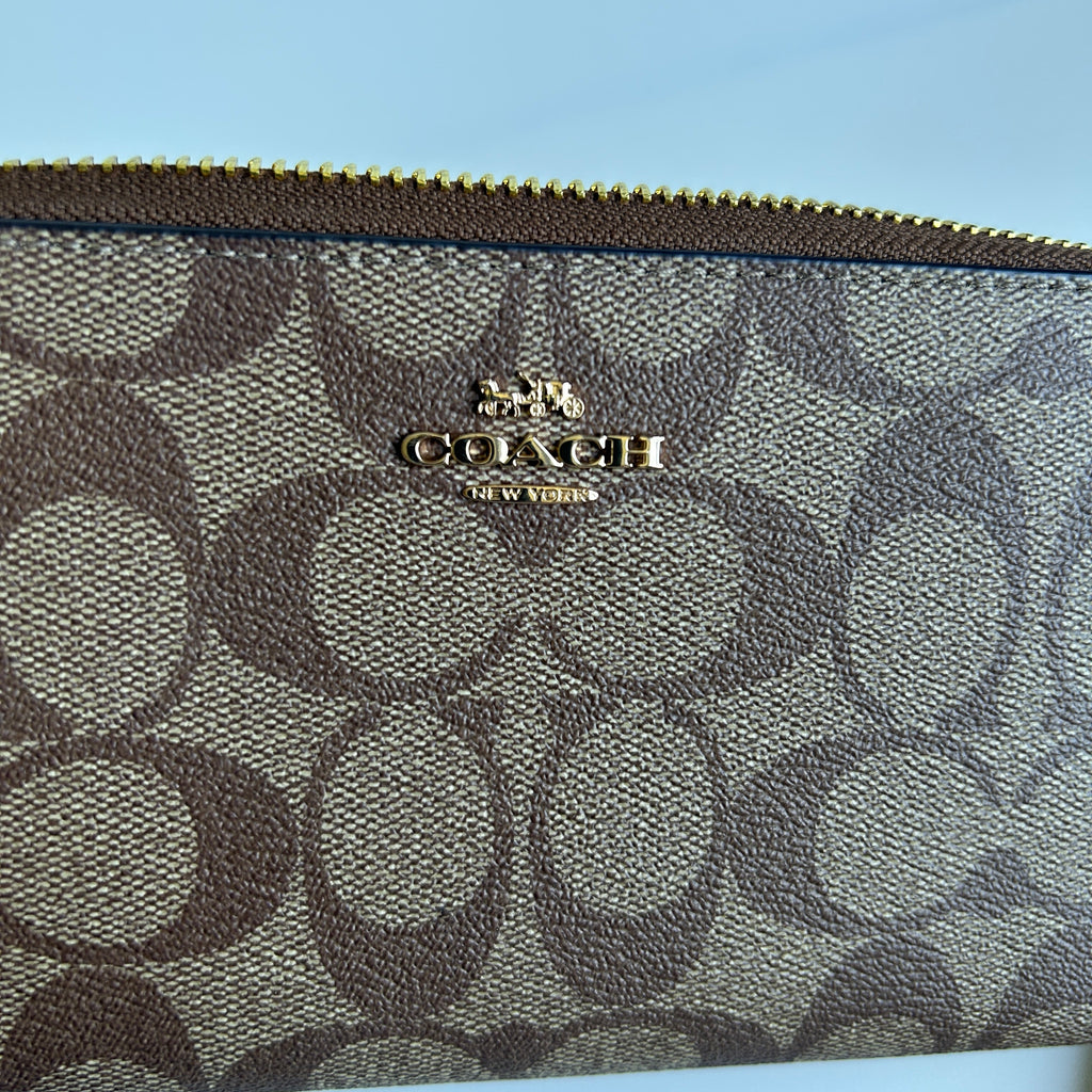 Coach Long Zip Around Wallet Brown Tan Signature Canvas Wristlet Excellent