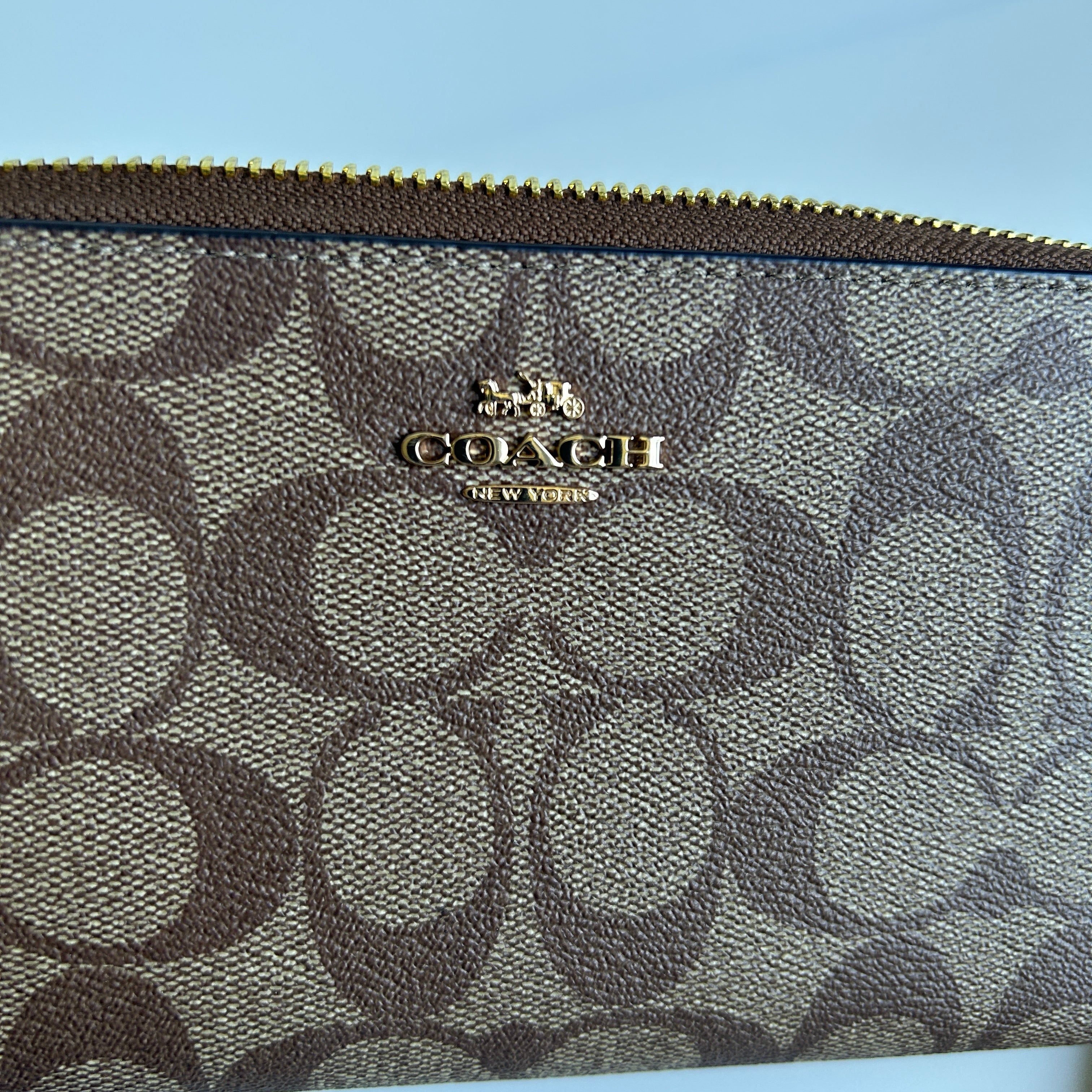 Coach Long Zip Around Wallet Brown Tan Signature Canvas Wristlet Excellent