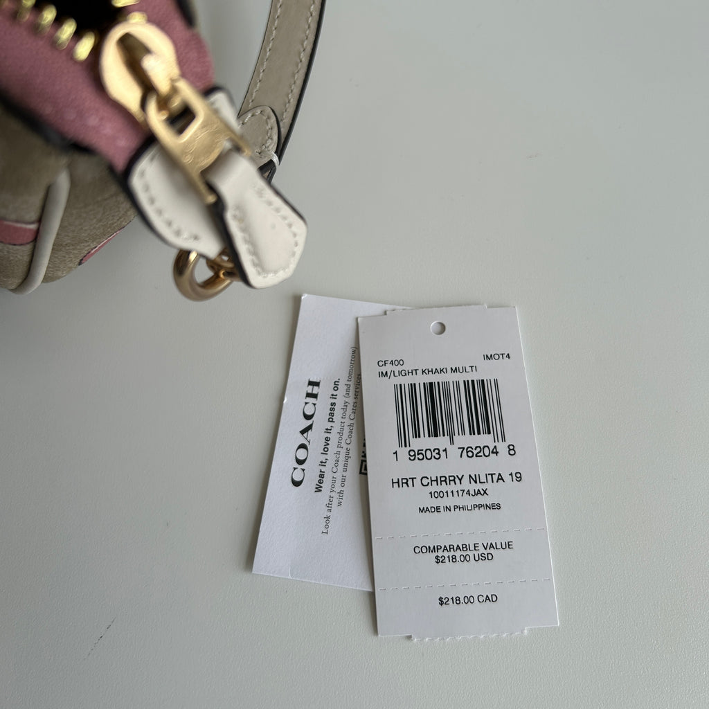 Coach Heart Cherry Nolita 19 Light Khaki Multi Canvas Wristlet NEW
