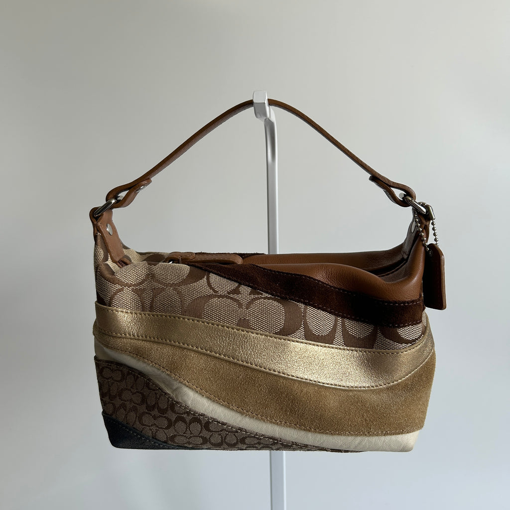 Coach Wave Patchwork Brown Leather Suede Demi Shoulder Bag Excellent