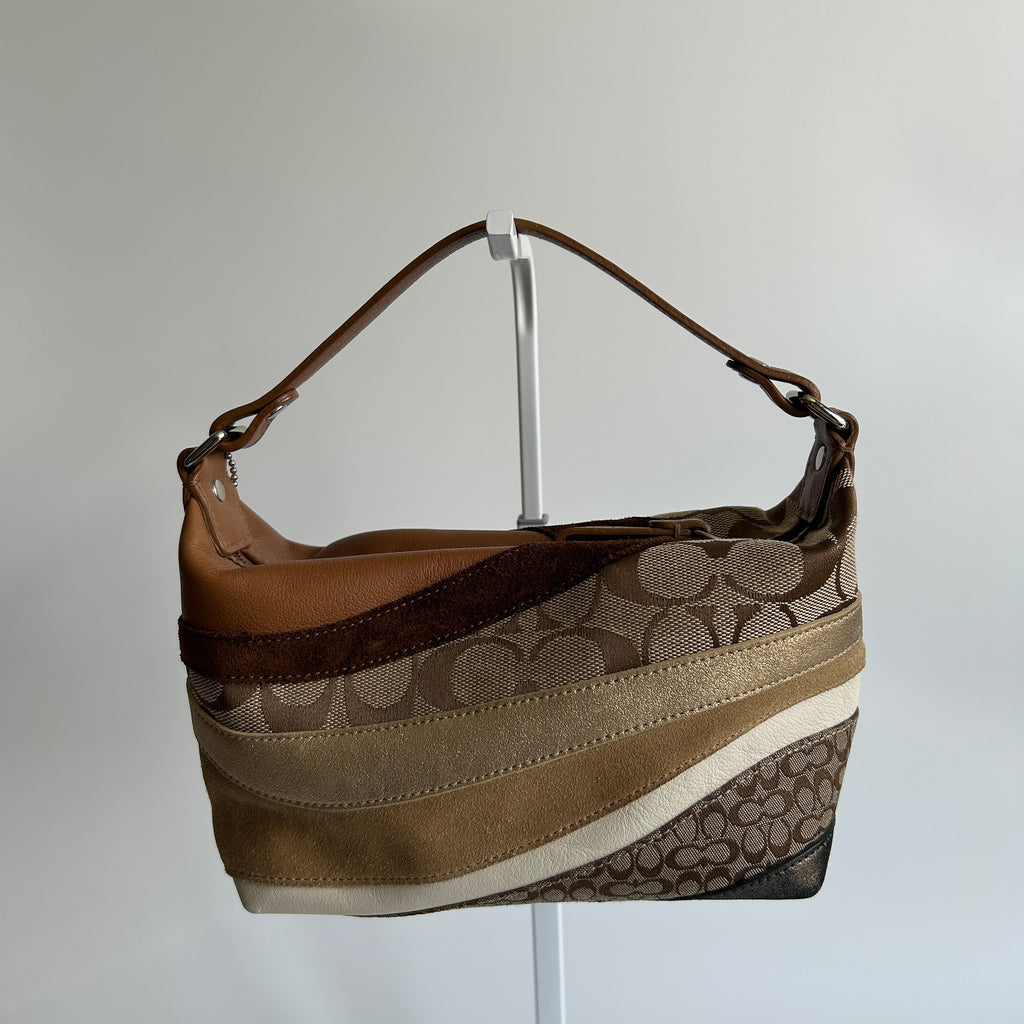 Coach Wave Patchwork Brown Leather Suede Demi Shoulder Bag Excellent