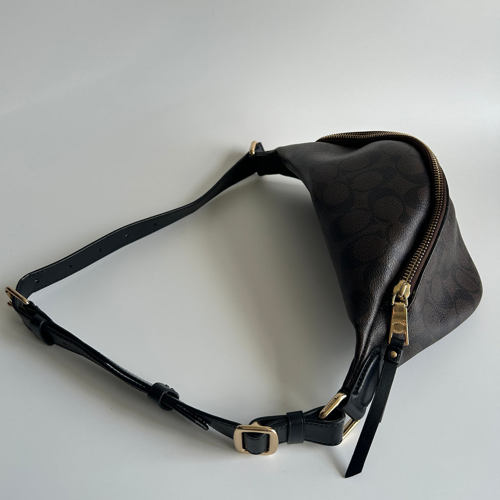 Coach Signature Belt Bag Brown Black Canvas Leather Fanny Pack Excellent